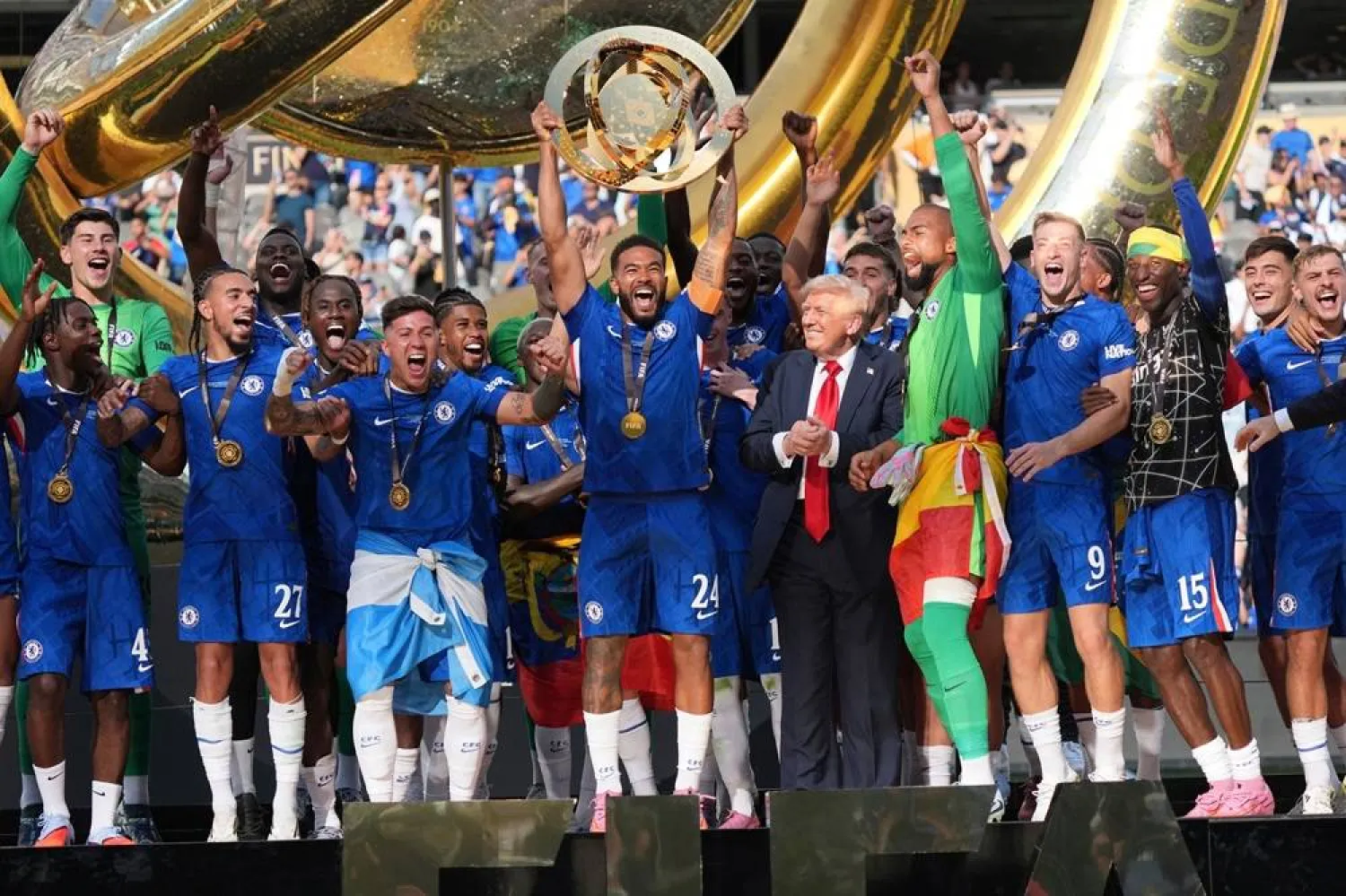 Chelsea's Reece James, center, lifts the trophy following the Club World Cup final soccer match between Chelsea and PSG at MetLife Stadium in East Rutherford, N.J., Sunday, July 13, 2025. (AP) 