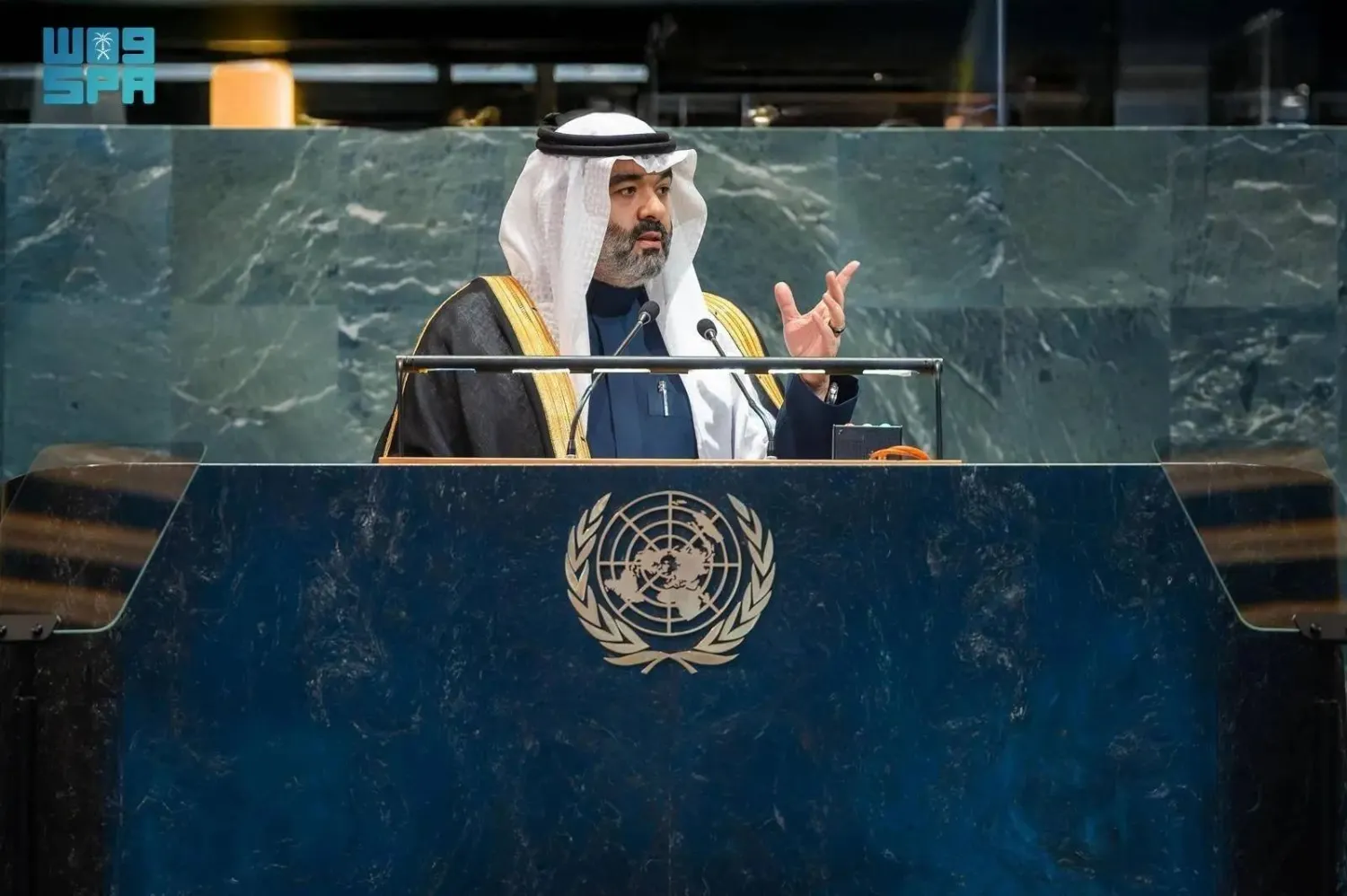 Saudi Minister of Communications and Information Technology Abdullah Alswaha speaks at the event in New York. (SPA)