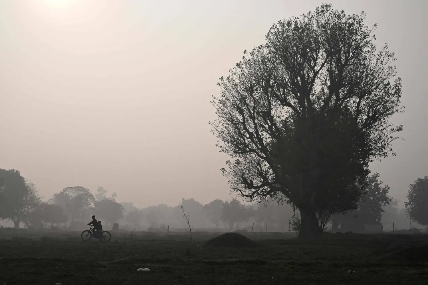 Children ride a bicycle across a field on smoggy winter morning in New Delhi on December 17, 2025. (Photo by Arun SANKAR / AFP)