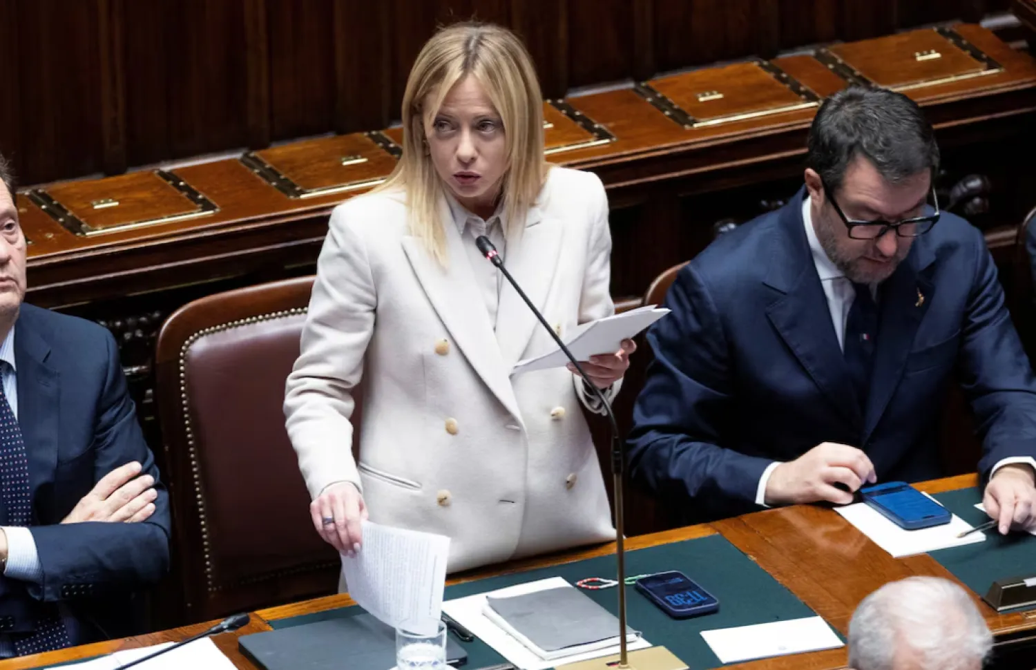 Italy's Prime Minister Giorgia Meloni speaks at the the lower house of Parliament, ahead of a European Union leaders' summit, in Rome, Italy, December 17, 2025. REUTERS/Remo Casilli 