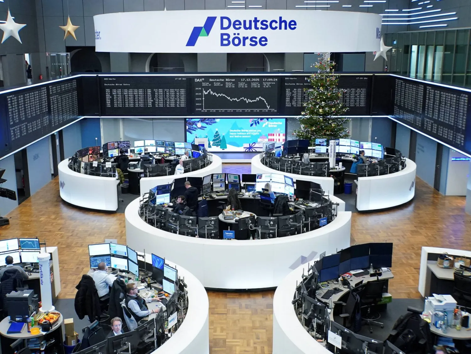 رسم بياني لمؤشر الأسهم الألماني «داكس» في بورصة فرانكفورت (رويترز)