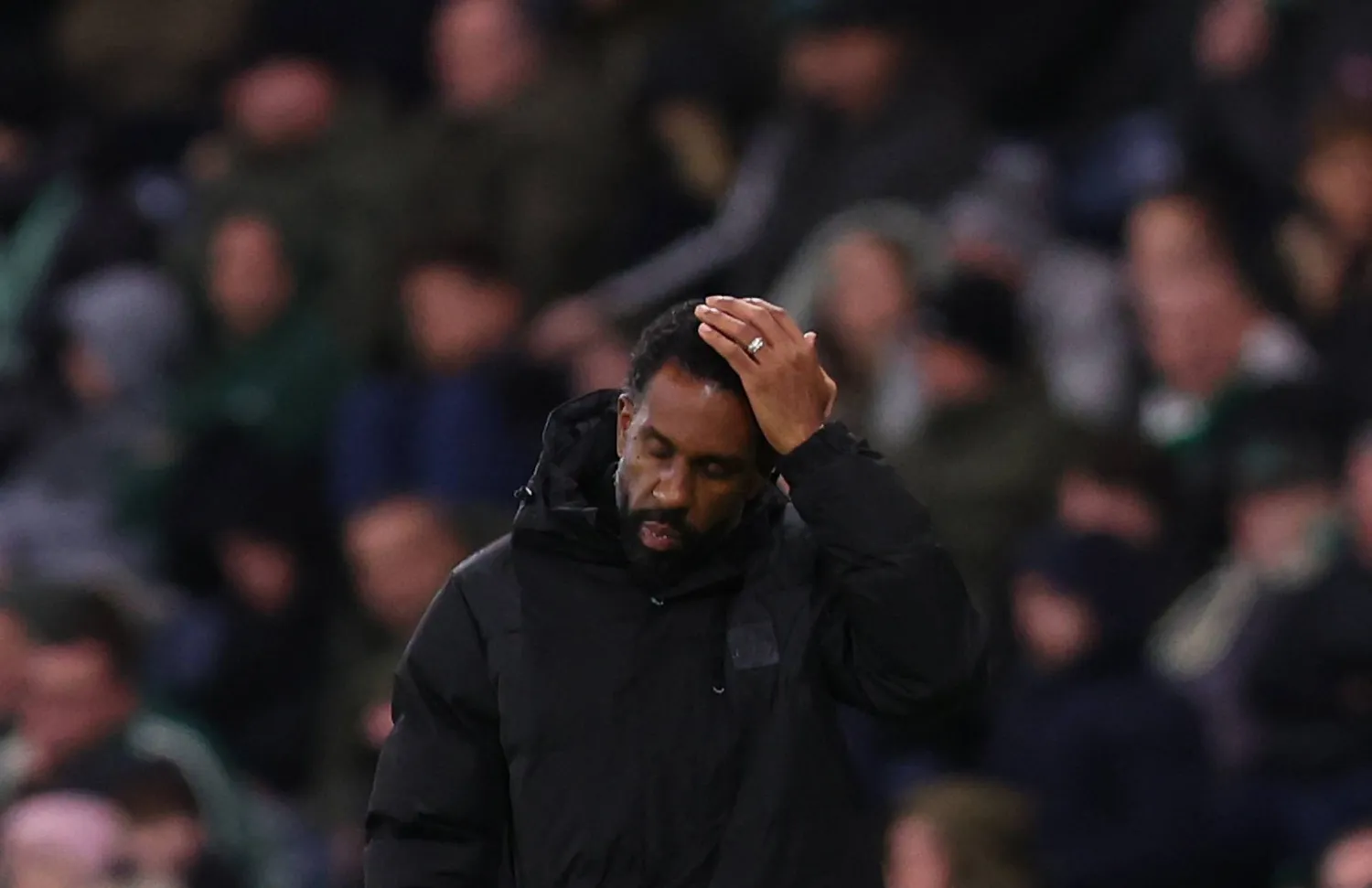 Soccer Football - Scottish League Cup Final - St Mirren v Celtic - Hampden Park, Glasgow, Scotland, Britain - December 14, 2025 Celtic manager Wilfried Nancy reacts Action Images via Reuters/Craig Brough