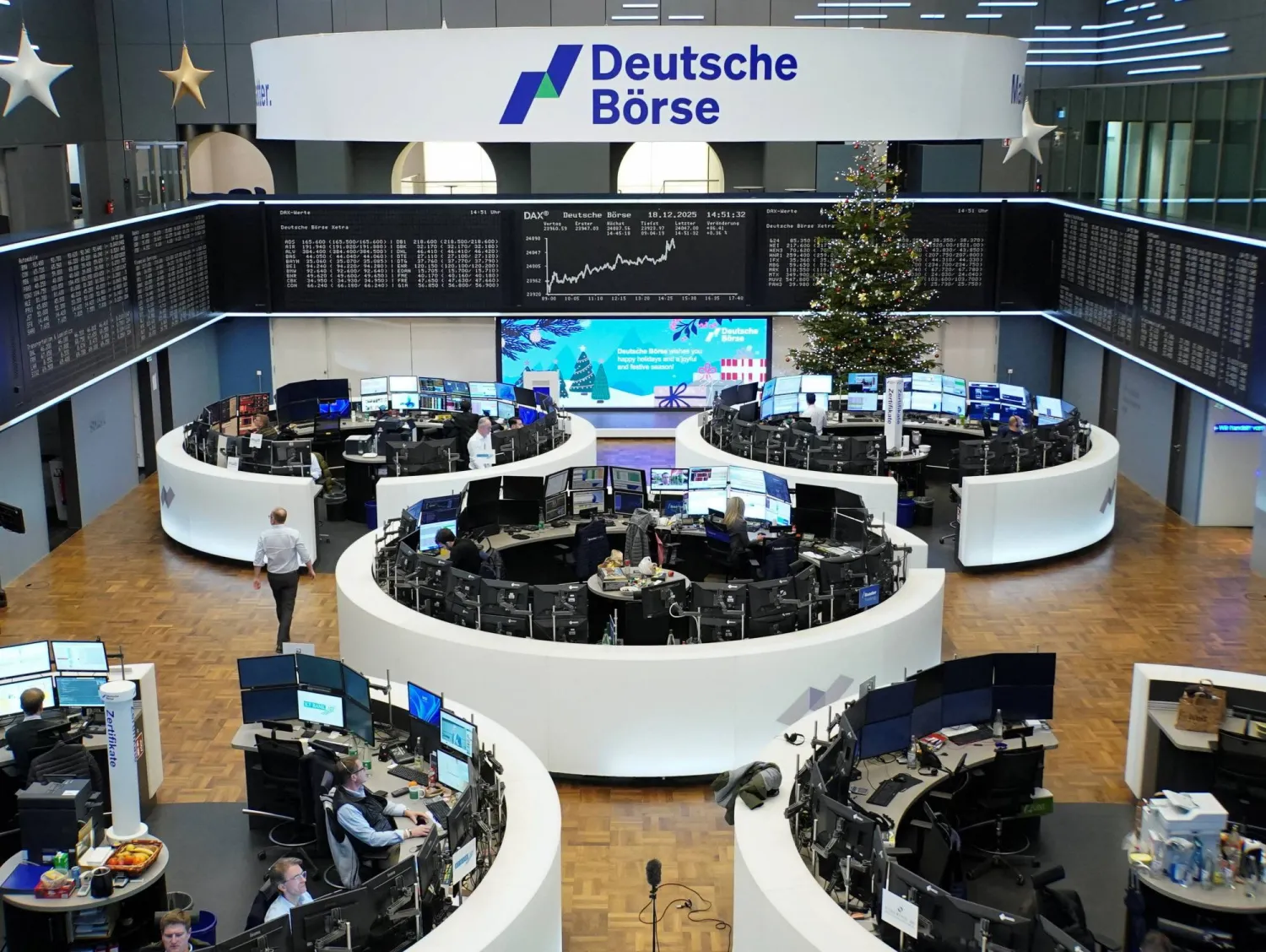 رسم بياني لمؤشر الأسهم الألماني «داكس» يظهر في بورصة فرانكفورت (رويترز)