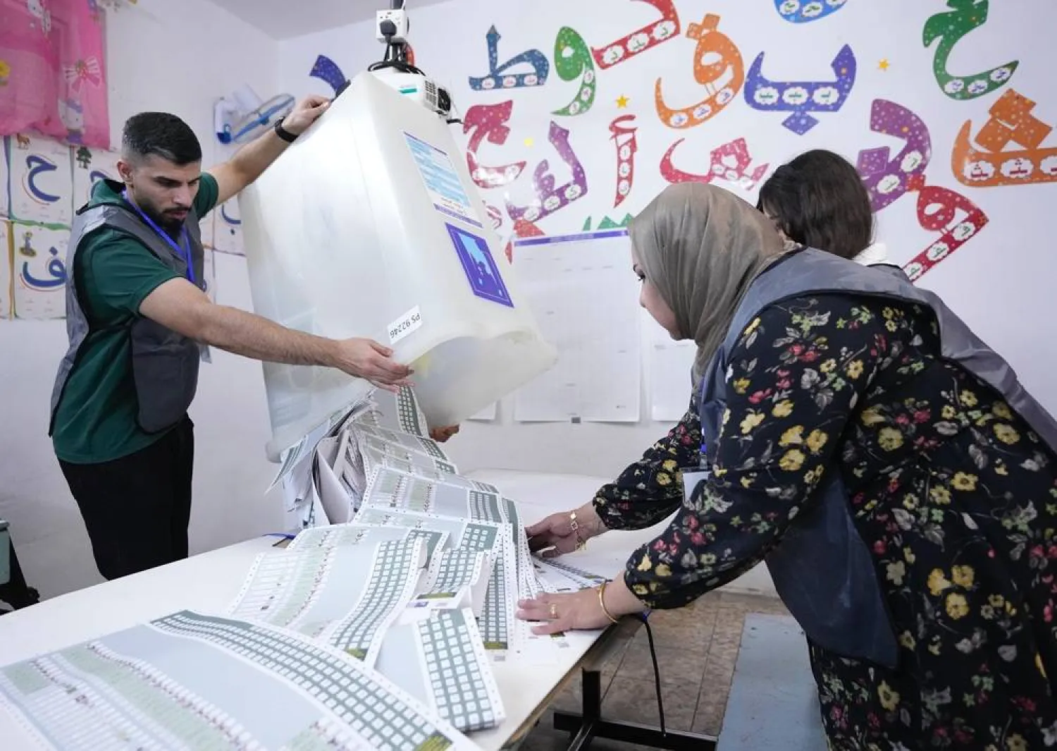 Election workers count ballots as they close a polling station, during the parliamentary elections in Baghdad, Iraq, Nov. 11, 2025. (AP) 