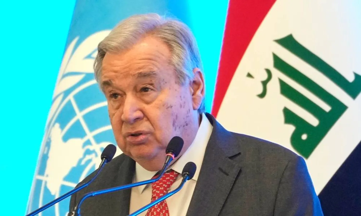  United National Secretary-General Antonio Guterres speaks during an event to mark the end of the UN political mission, in Baghdad, Iraq, Saturday, Dec. 13, 2025. (AP) 
