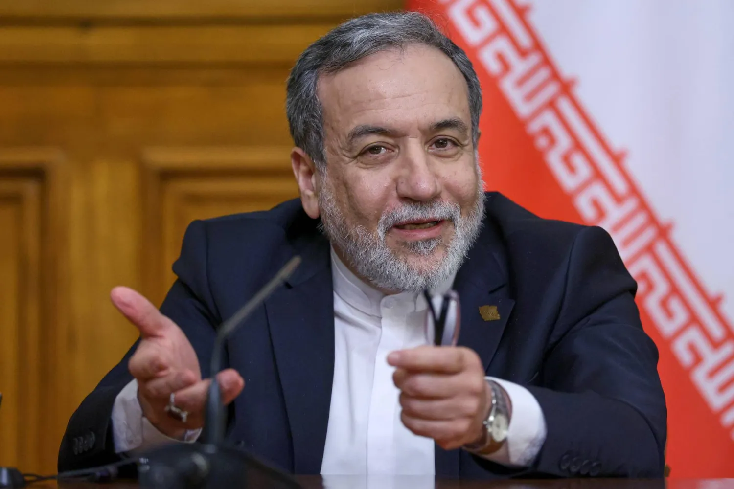 Iranian Foreign Minister Abbas Araghchi gestures during a joint news conference with Russian Foreign Minister Sergei Lavrov at Zinaida Morozova's Mansion in Moscow, Wednesday, Dec. 17, 2025. (Ramil Sitdikov/Pool Photo via AP)