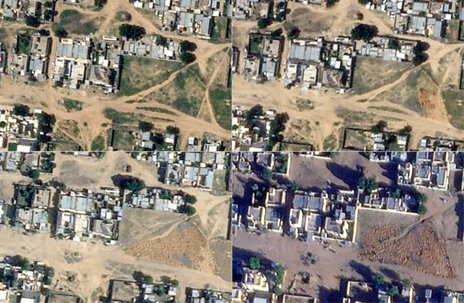 (COMBO) This combination of satellite images released by Planet Labs PBC on December 19, 2025, shows from top left to bottom right:- the graves near the United Nations Children's Fund (UNICEF) headquarters in El-Fasher, taken on the following dates: on October 8, 2025, on October 27, 2025, on January 15, 2025, and on December 14, 2025. (Photo by Handout / Planet Labs / AFP)
