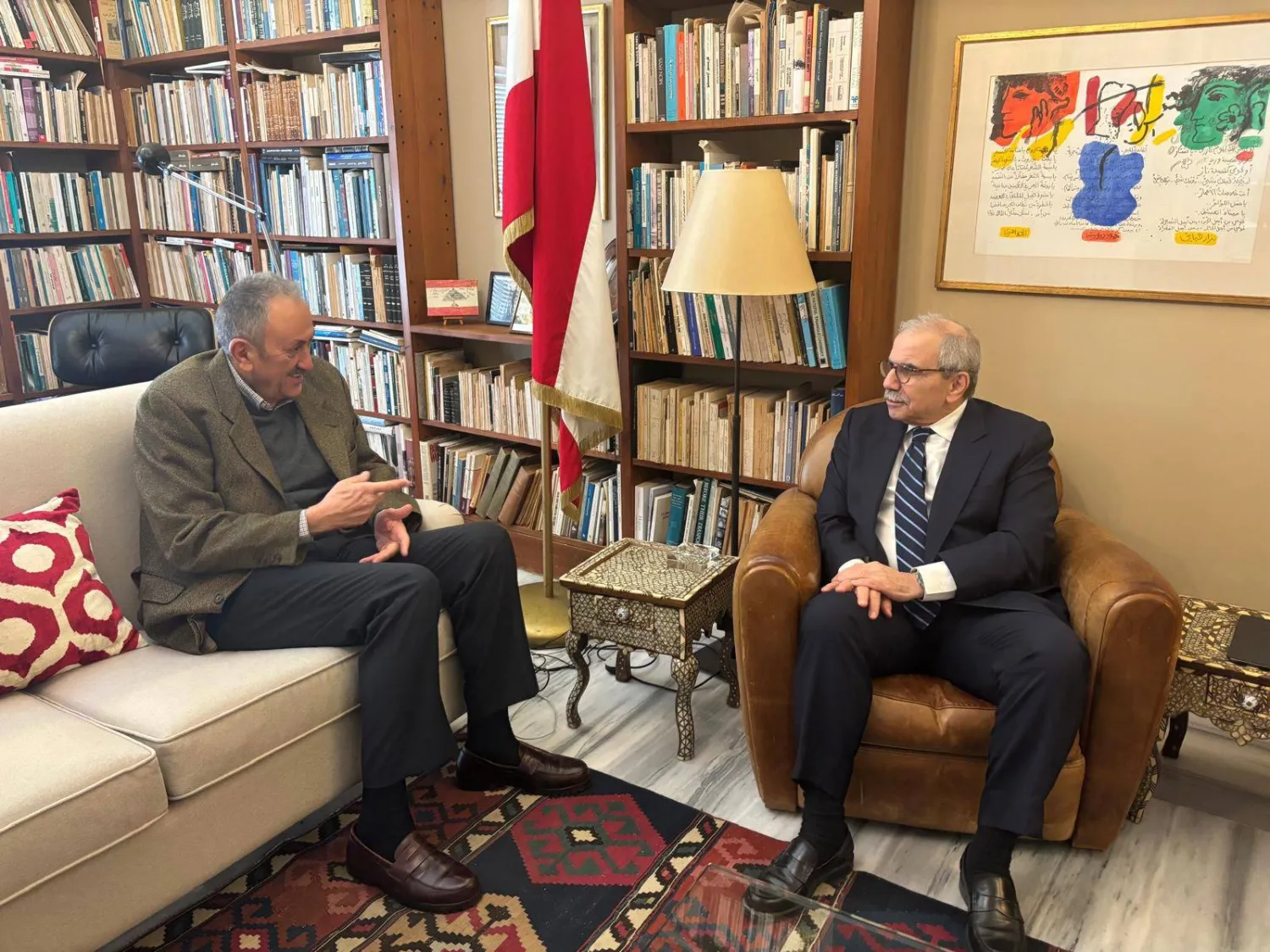 Prime Minister Nawaf Salam and ambassador Simon Karam meet on Saturday. (PM's office)