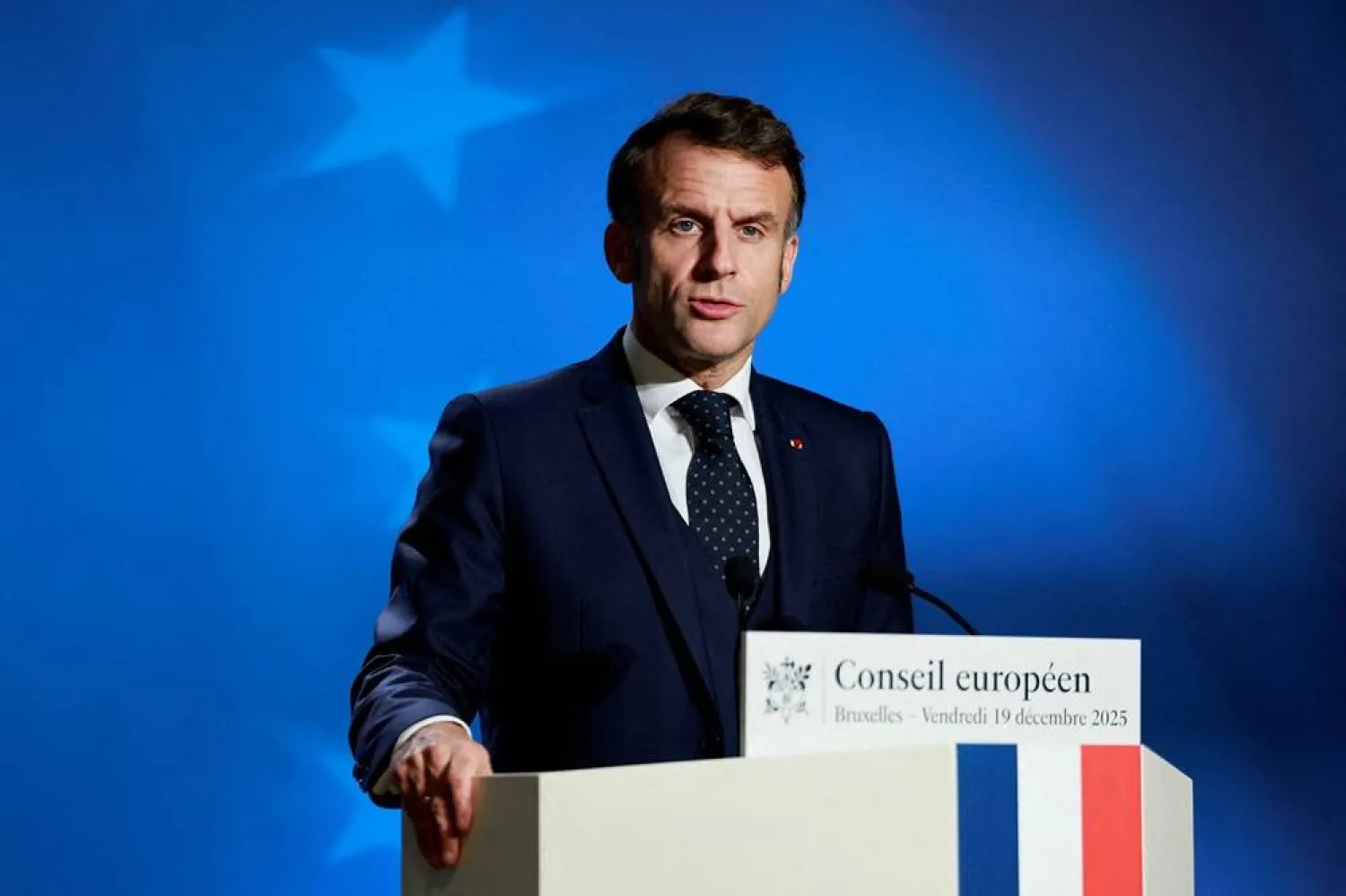  French President Emmanuel Macron holds a press conference during a European Union leaders' summit, in Brussels, Belgium December 19, 2025. (Reuters)