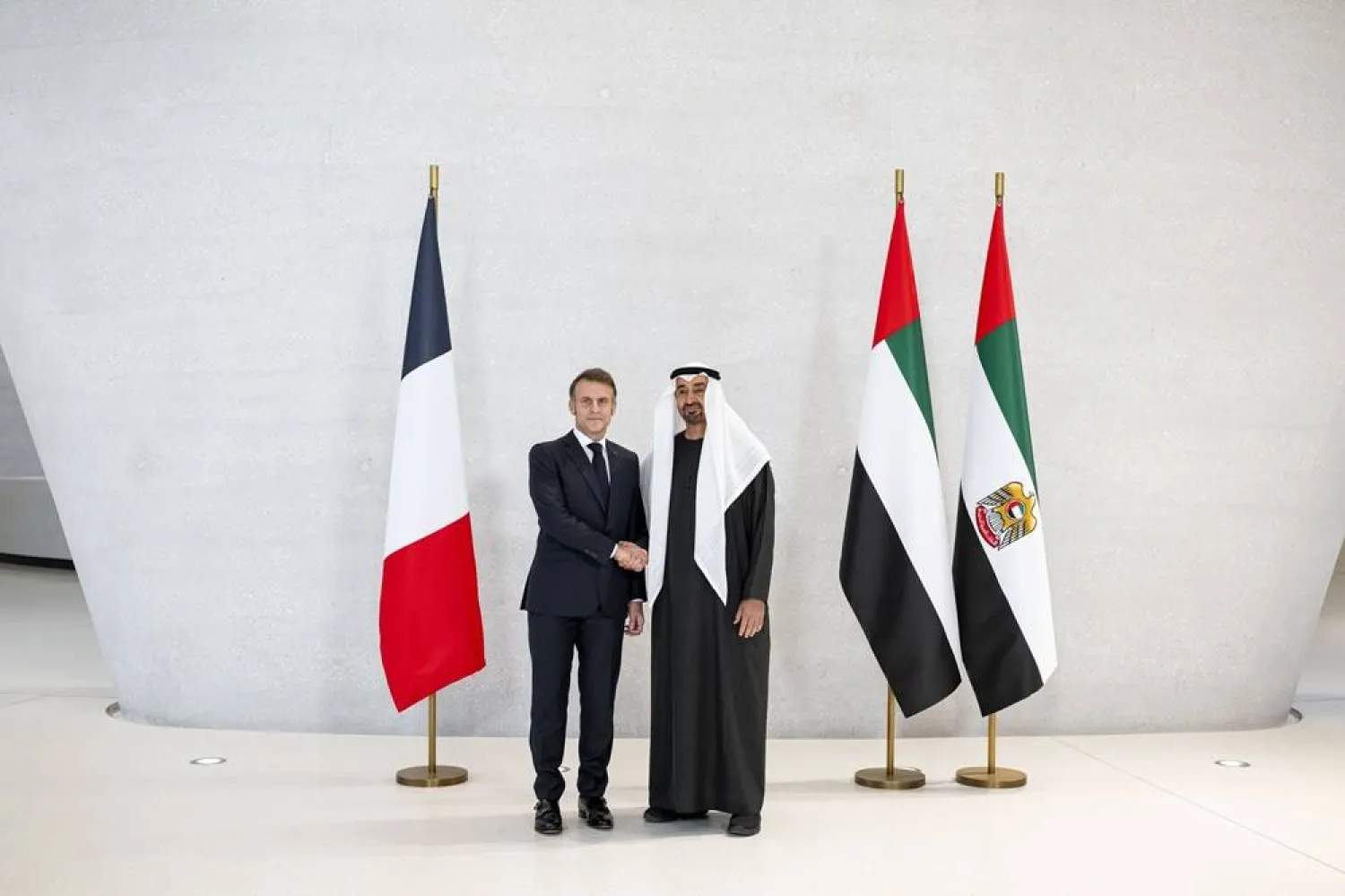United Arab Emirates President Sheikh Mohamed bin Zayed Al Nahyan and French President Emmanuel Macron meet in Abu Dhabi on Sunday. (WAM)