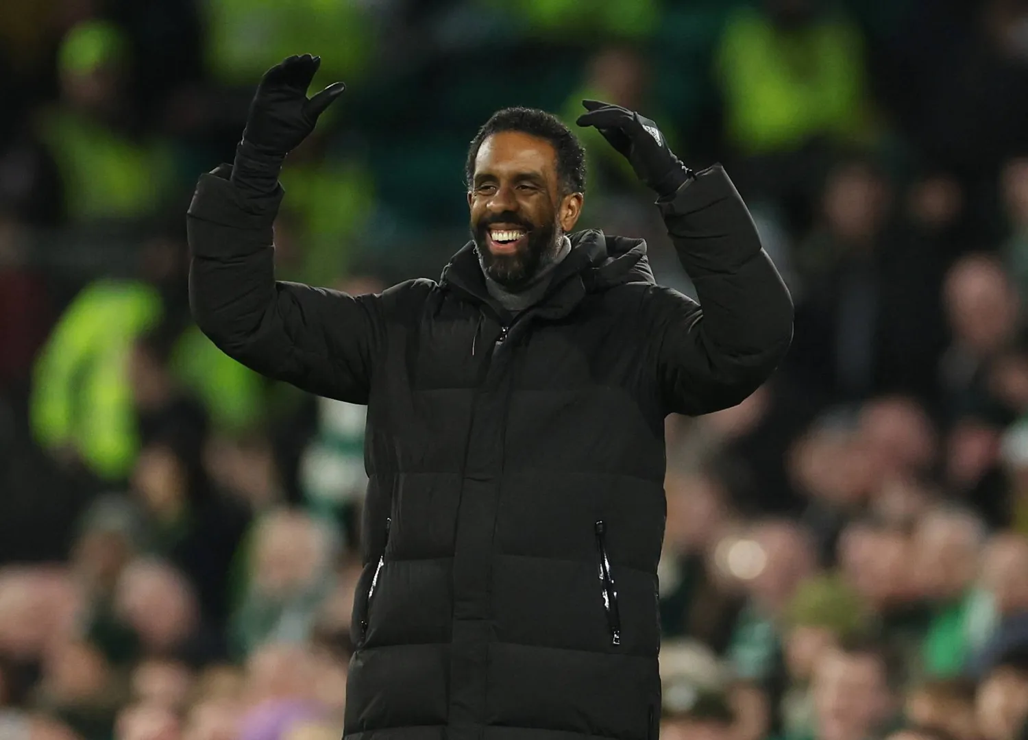 Soccer Football - Scottish Premiership - Celtic v Aberdeen - Celtic Park, Glasgow, Scotland, Britain - December 21, 2025 Celtic manager Wilfried Nancy celebrates their third goal scored by Celtic's James Forrest REUTERS/Russell Cheyne
