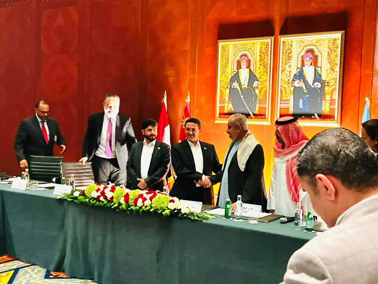 Officials are seen at the announcement of the prisoner exchange agreement in Muscat on Tuesday. (Saudi Ambassador to Yemen on X)