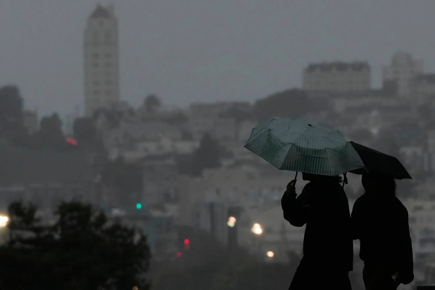 بعض الناس يحملون مظلات خلال سيرهم على ممر بحديقة «ألامو سكوير» في سان فرانسيسكو (أ.ب)