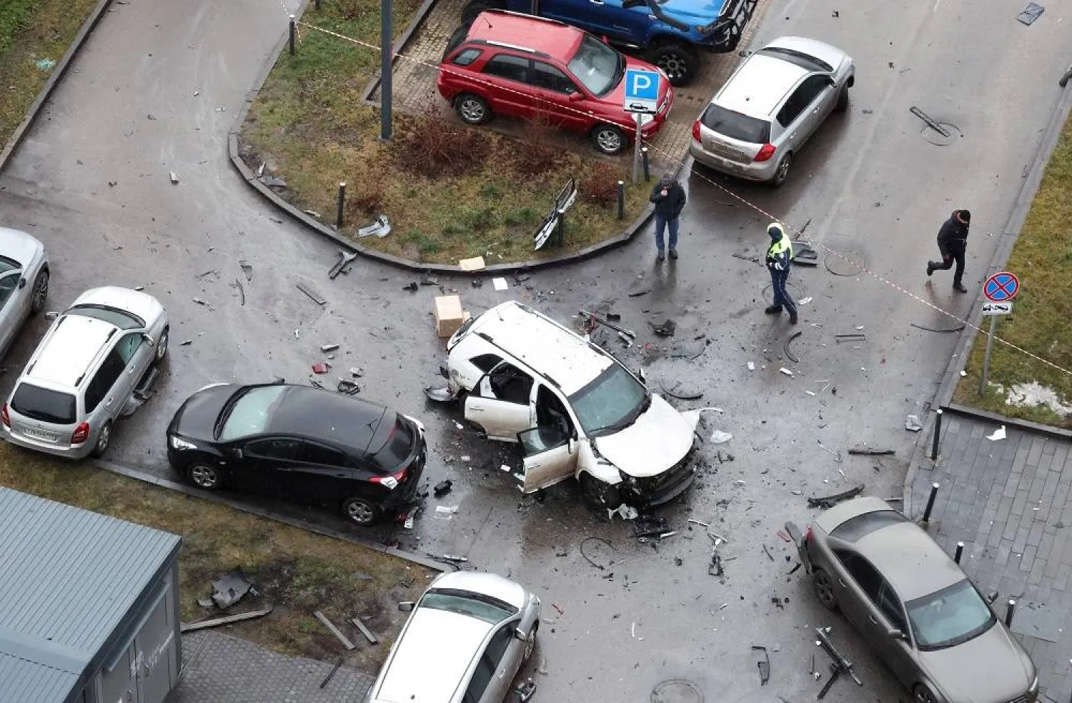 The damaged Kia Sorento lies at the scene where Lieutenant General Fanil Sarvarov, head of the Russian General Staff's army operational training directorate, was killed in a car bomb in Moscow, Russia, December 22, 2025. (Reuters)