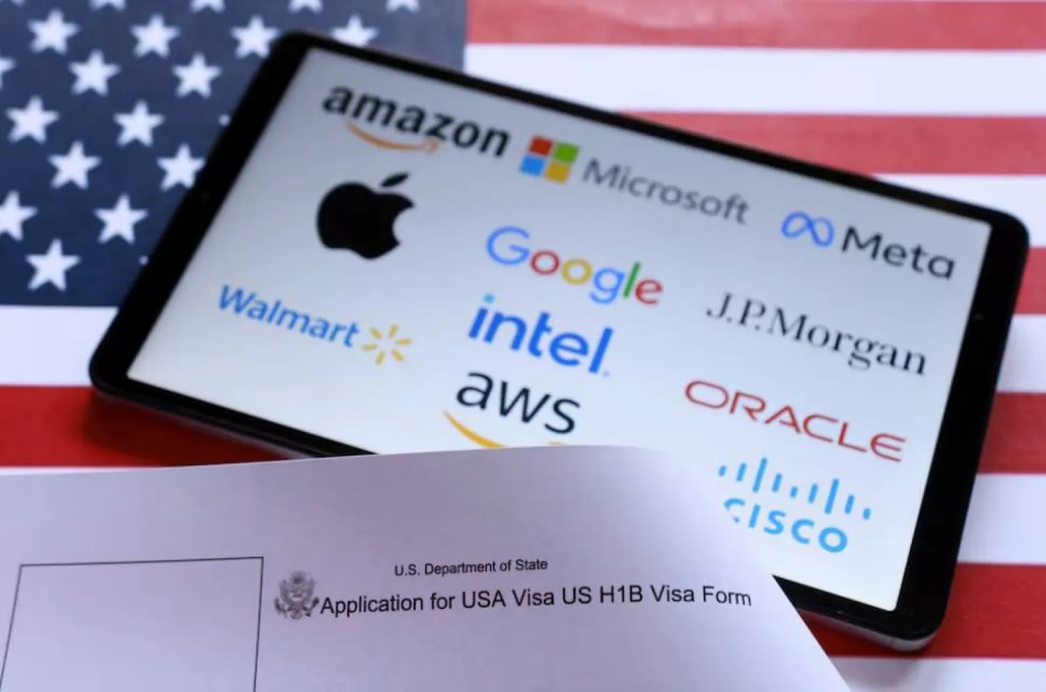علم الولايات المتحدة، ونموذج طلب تأشيرة "إتش - 1بي"، وشعارات شركات معروضة في هذه الصورة التوضيحية (رويترز)