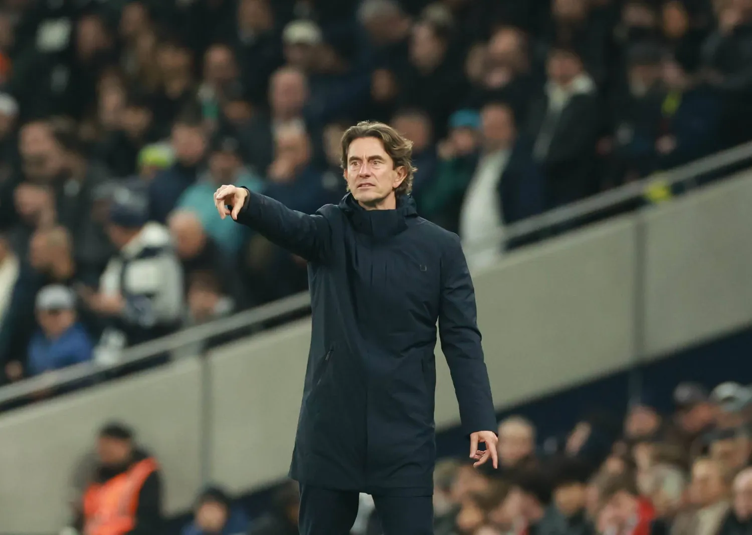 Tottenham Hotspur's manager Thomas Frank gestures during the English Premier League match between Tottenham Hotspur and Liverpool FC, in London, Britain, 20 December 2025. (EPA)