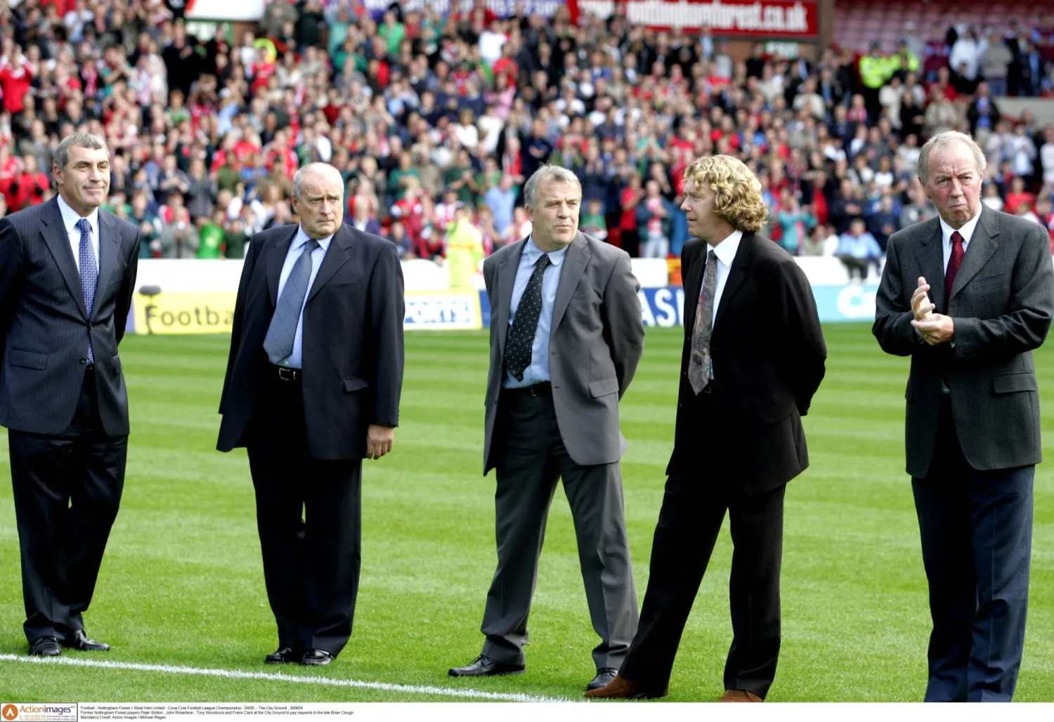 FILE PHOTO: Football - Nottingham Forest v West Ham United - Coca-Cola Football League Championship - 04/05 - The City Ground , 26/9/04 Former Nottingham Forest players Peter Shilton , John Robertson , Tony Woodcock and Frank Clark at the City Ground to pay respects to the late Brian Clough Mandatory Credit: Action Images / Michael Regan/File Photo
