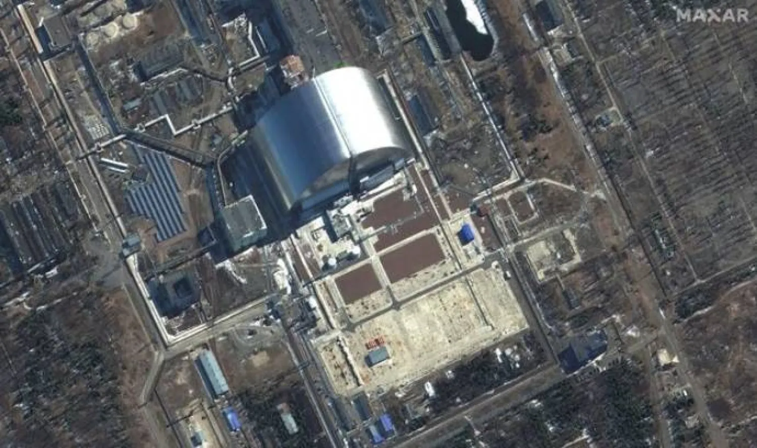 A satellite image shows a closer view of sarcophagus at Chernobyl, amid Russia's invasion of Ukraine, Ukraine, March 10, 2022. Satellite image. 2022 Maxar Technologies/Handout via REUTERS Purchase Licensing Rights