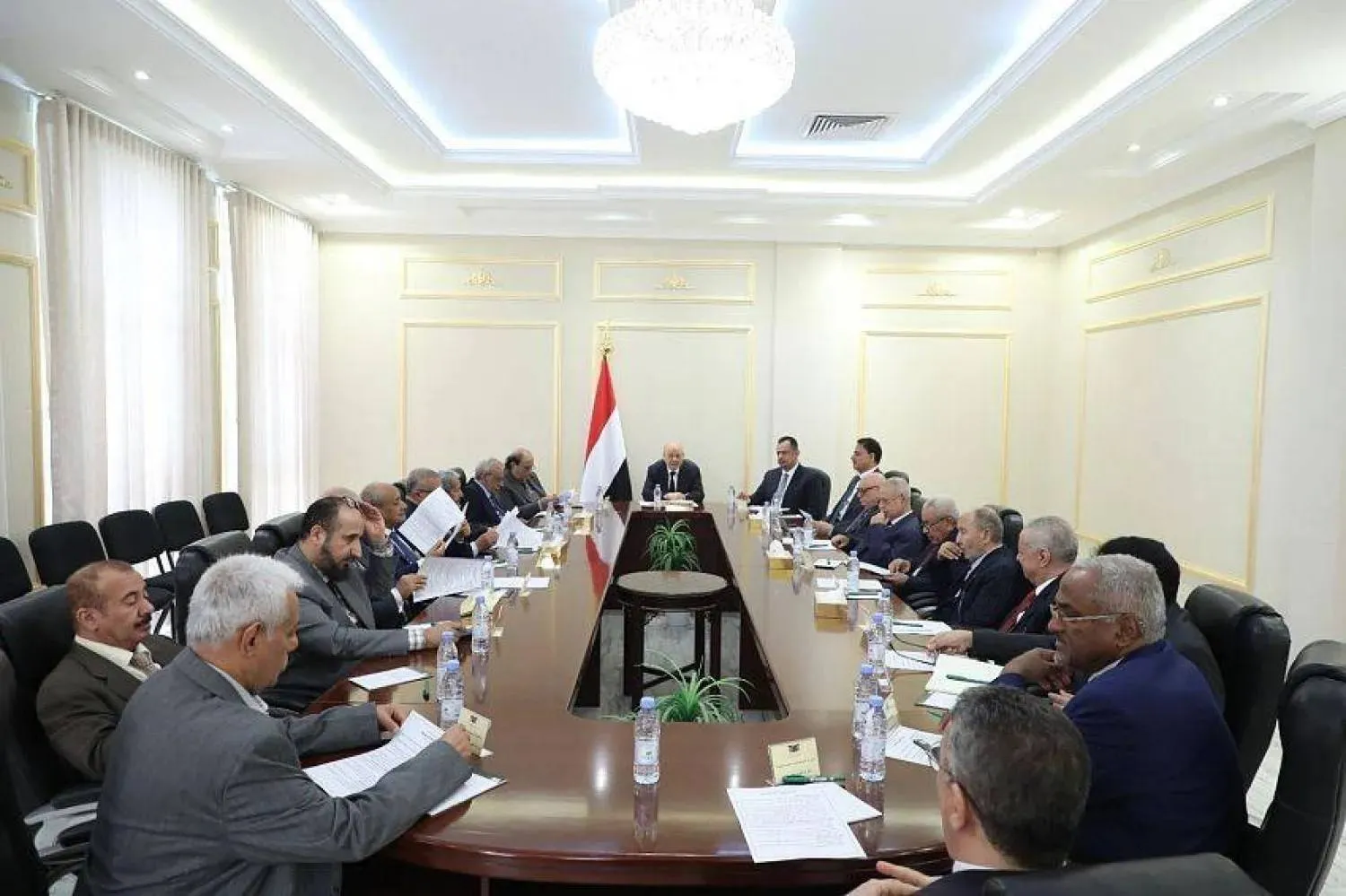 Yemen’s Presidential Leadership Council Chairman Rashad al-Alimi meets with members of the advisory body (SABA)