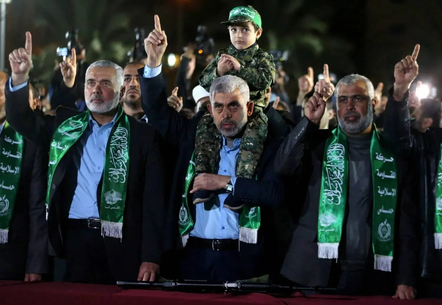 File photo dated 2017 shows Hamas leader in Gaza Yahya Sinwar alongside Ismail Haniyeh (Reuters)