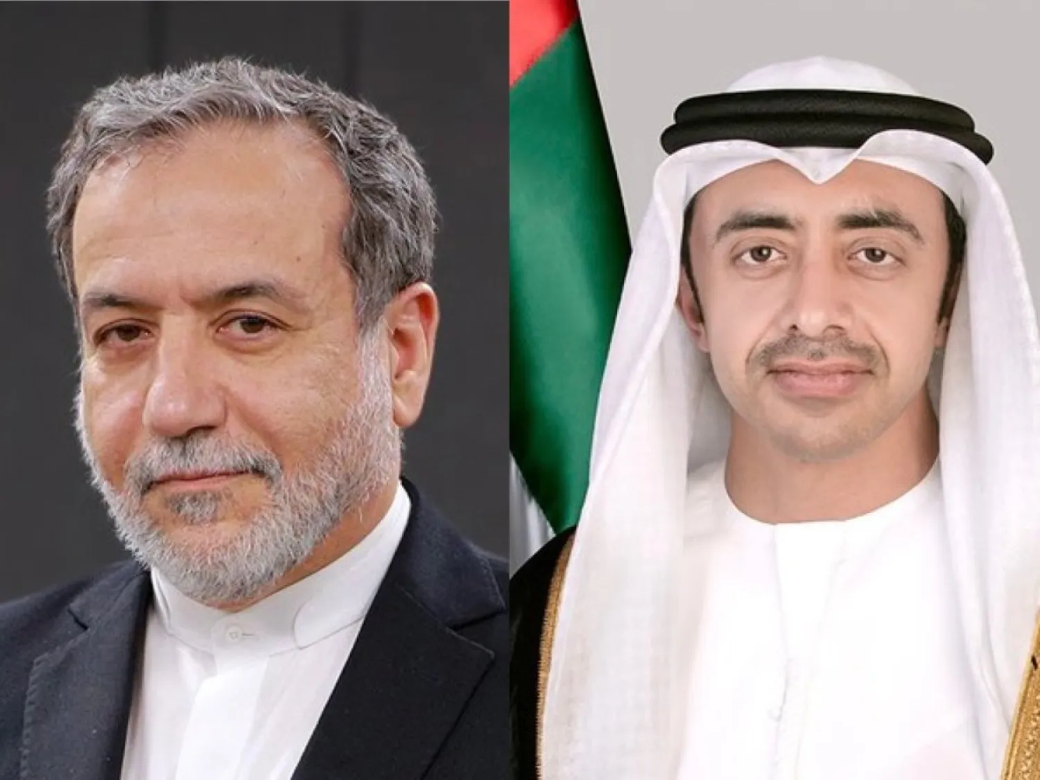 الشيخ عبد الله بن زايد آل نهيان وزير الخارجية الإماراتي وعباس عراقجي وزير الخارجية الإيراني (وام)