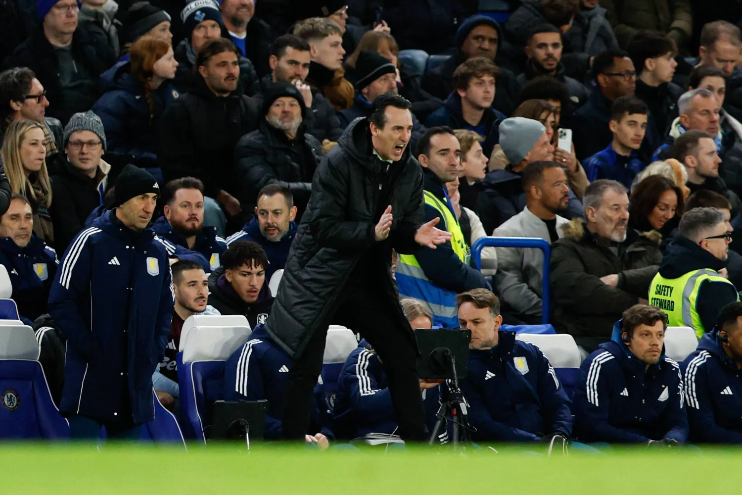 Aston Villa head coach Unai Emery reacts to his team's equalizer during the English Premier League match between Chelsea FC and Aston Villa, in London, Britain, 27 December 2025. (EPA)