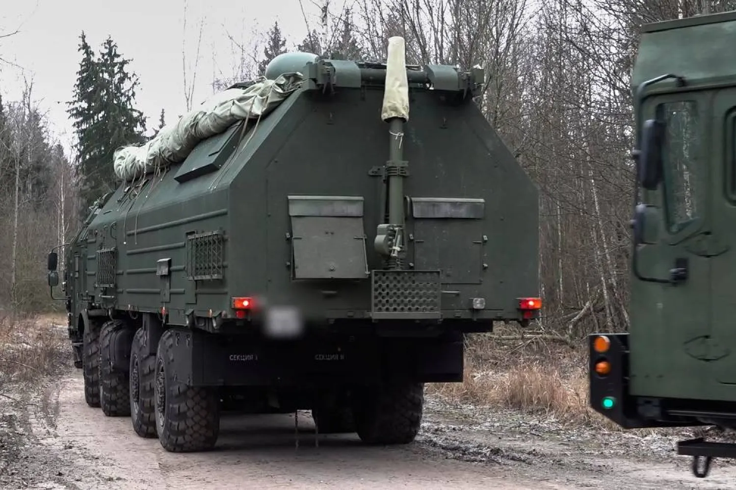In this image made from video provided by Russian Defense Ministry Press Service on Monday, Dec. 29, 2025, Russia's Oreshnik missile system is seen during a training in an undisclosed location in Belarus. (Russian Defense Ministry Press Service via AP)