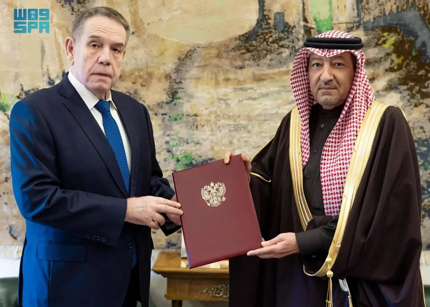 Russian Ambassador to the Kingdom Sergey Kozlov and Saudi Vice Minister of Foreign Affairs Waleed Elkhereiji meet in Riyadh on Tuesday. (SPA)