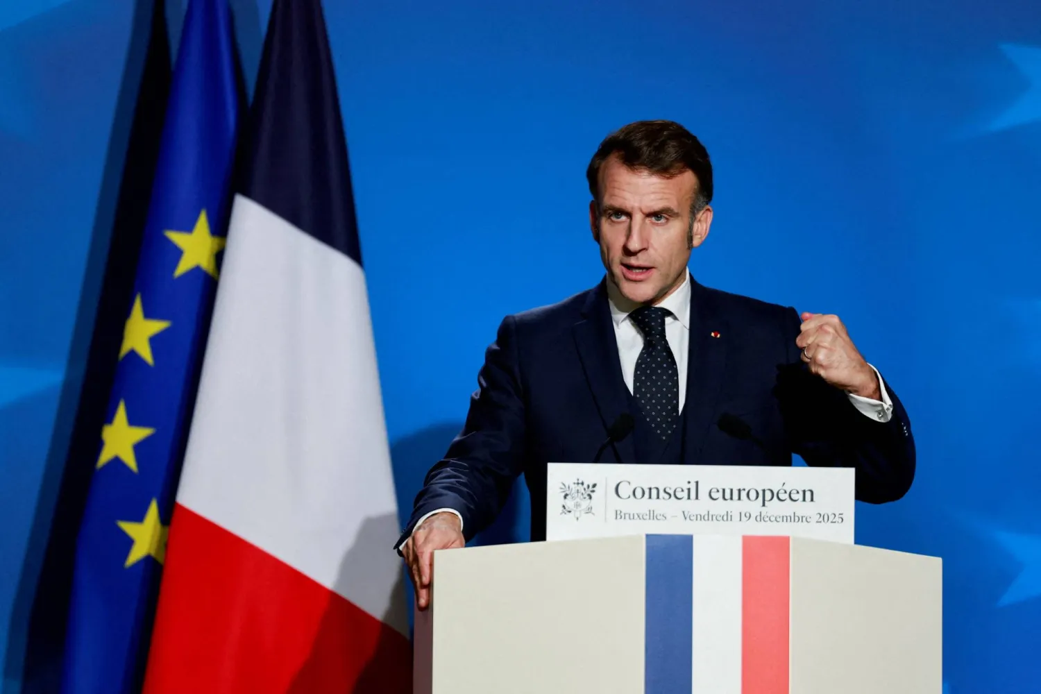 French President Emmanuel Macron holds a press conference during a European Union leaders' summit, in Brussels, Belgium December 19, 2025. (Reuters)