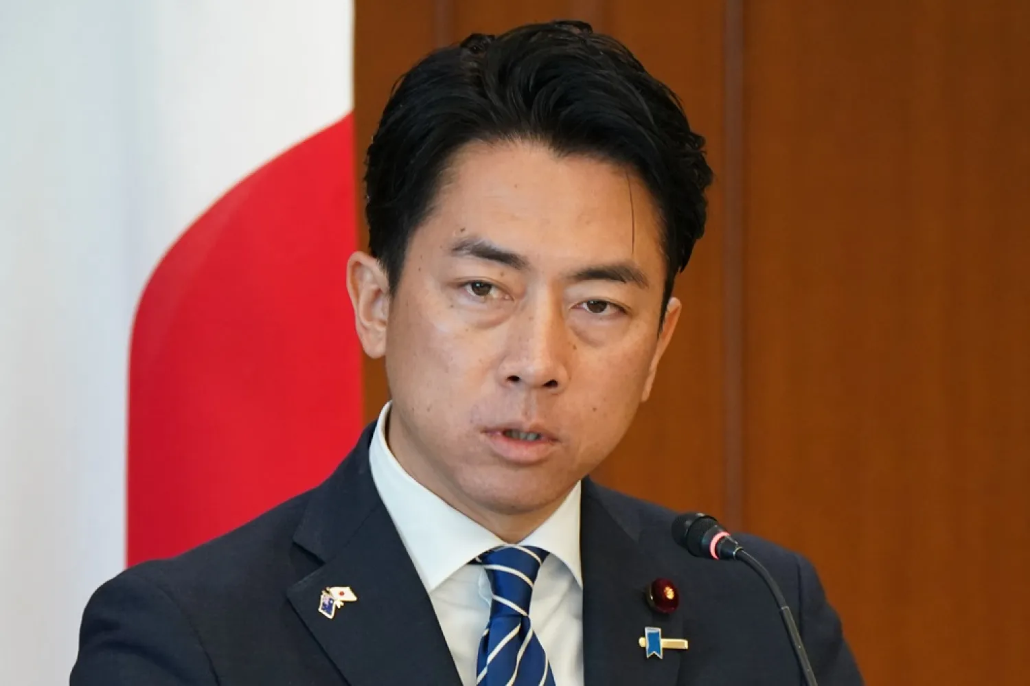 Japan's Defense Minister Shinjiro Koizumi speaks during a press conference with Australia's Defense Minister Richard Marles at the Defense Ministry in Tokyo Sunday, Dec. 7, 2025. (Kazuhiro Nogi/Pool Photo via AP) 