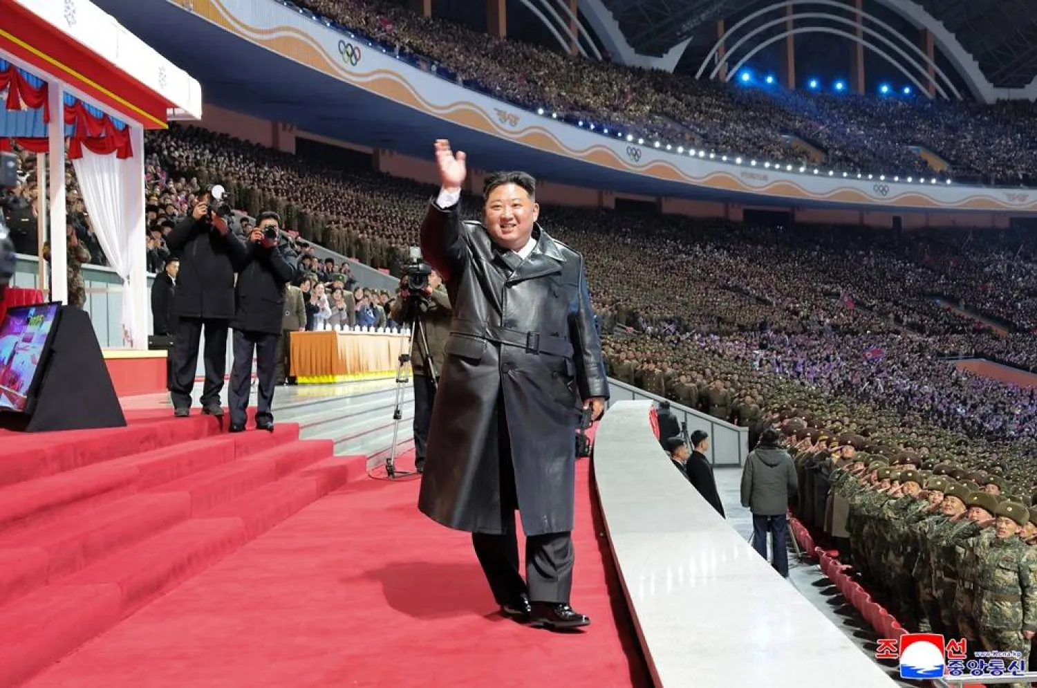 A photo released by the official North Korean Central News Agency (KCNA) shows North Korean leader Kim Jong Un waving during an art performance celebrating the New Year 2026 at the May Day Stadium in Pyongyang, North Korea, 01 January 2026. ( EPA/KCNA)