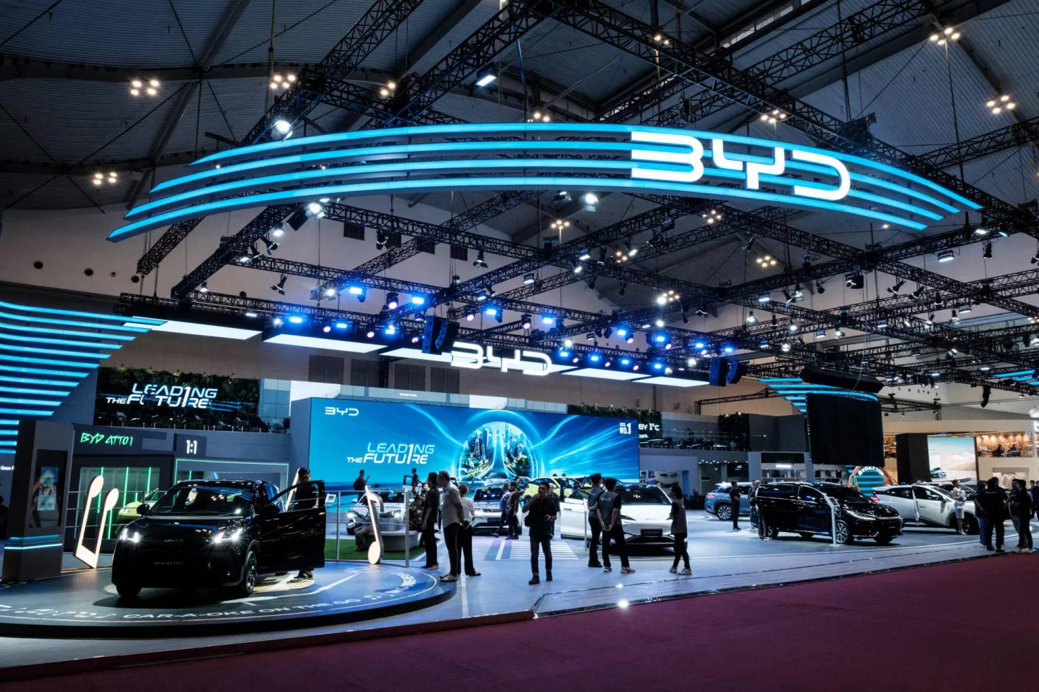 (FILES) BYD's display booth is seen during the 32nd Gaikindo Indonesia International Auto Show (GIIAS) at the Indonesia Convention Exhibition (ICE) in Tangerang, Greater Jakarta, on July 23, 2025. (Photo by Yasuyoshi CHIBA / AFP)