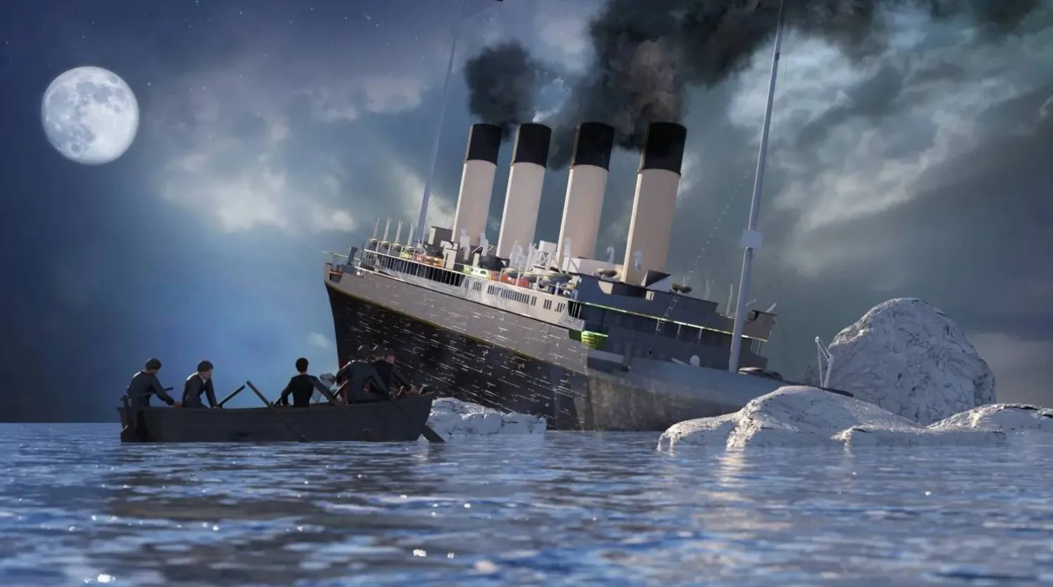 Titanic ocean liner after it struck an iceberg in 1912 off the coast of Newfoundland in the Atlantic Ocean (Shutterstock/3d illustration)
