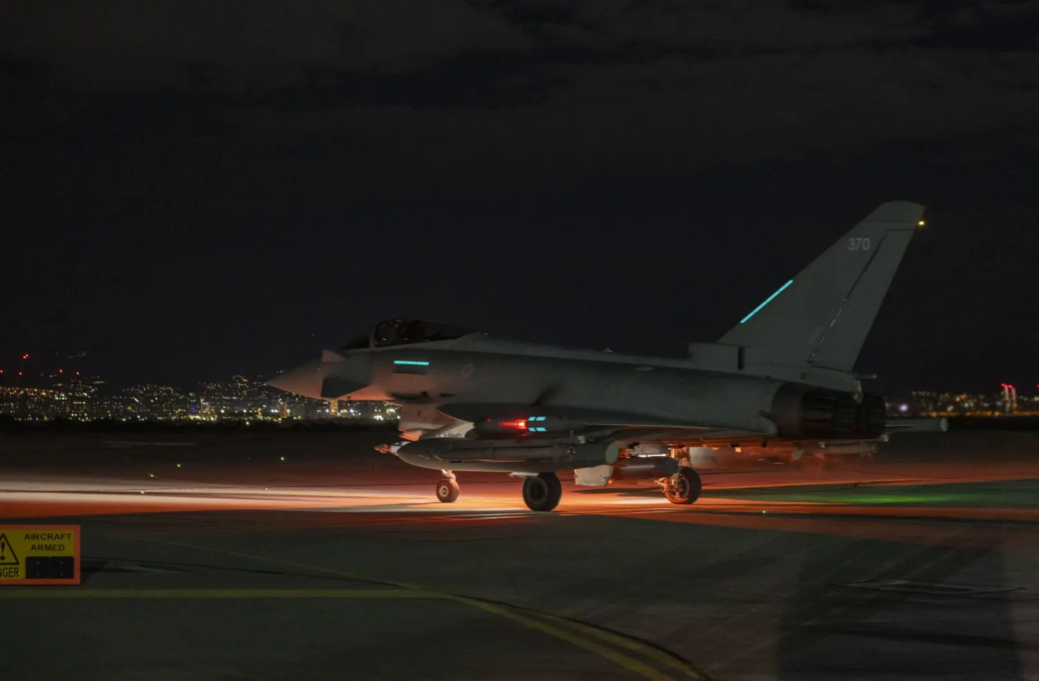 A handout photo made available by the Royal Air Force (RAF) on 03 January 2025 shows a Royal Air Force Typhoon aircraft preparing to take off at an undisclosed location in the Middle East. EPA/SGT LEE GODDARD HANDOUT  