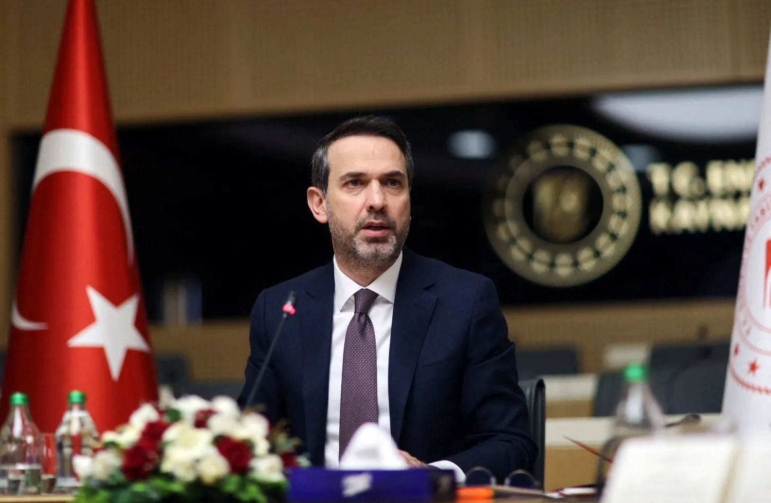 Türkiye's Energy Minister Alparslan Bayraktar talks during a meeting in Ankara, Türkiye, September 14, 2023. (Turkish Energy Ministry Press Office/PPO/Handout via Reuters)