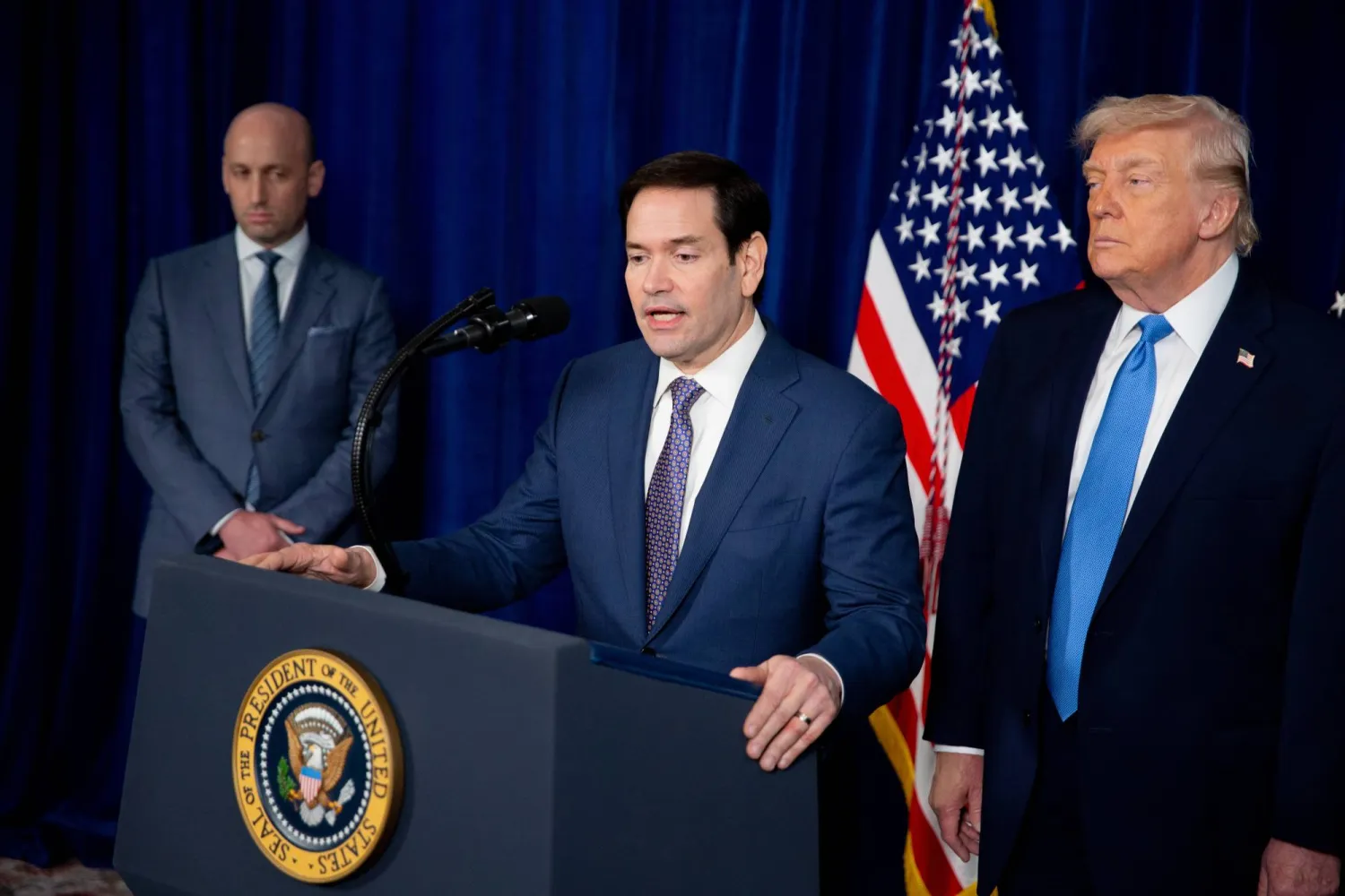 US Secretary of State Marco Rubio (C) speaks during a news conference at the Mar-a-Lago Club in Palm Beach, Florida, USA, 03 January 2026. (EPA)