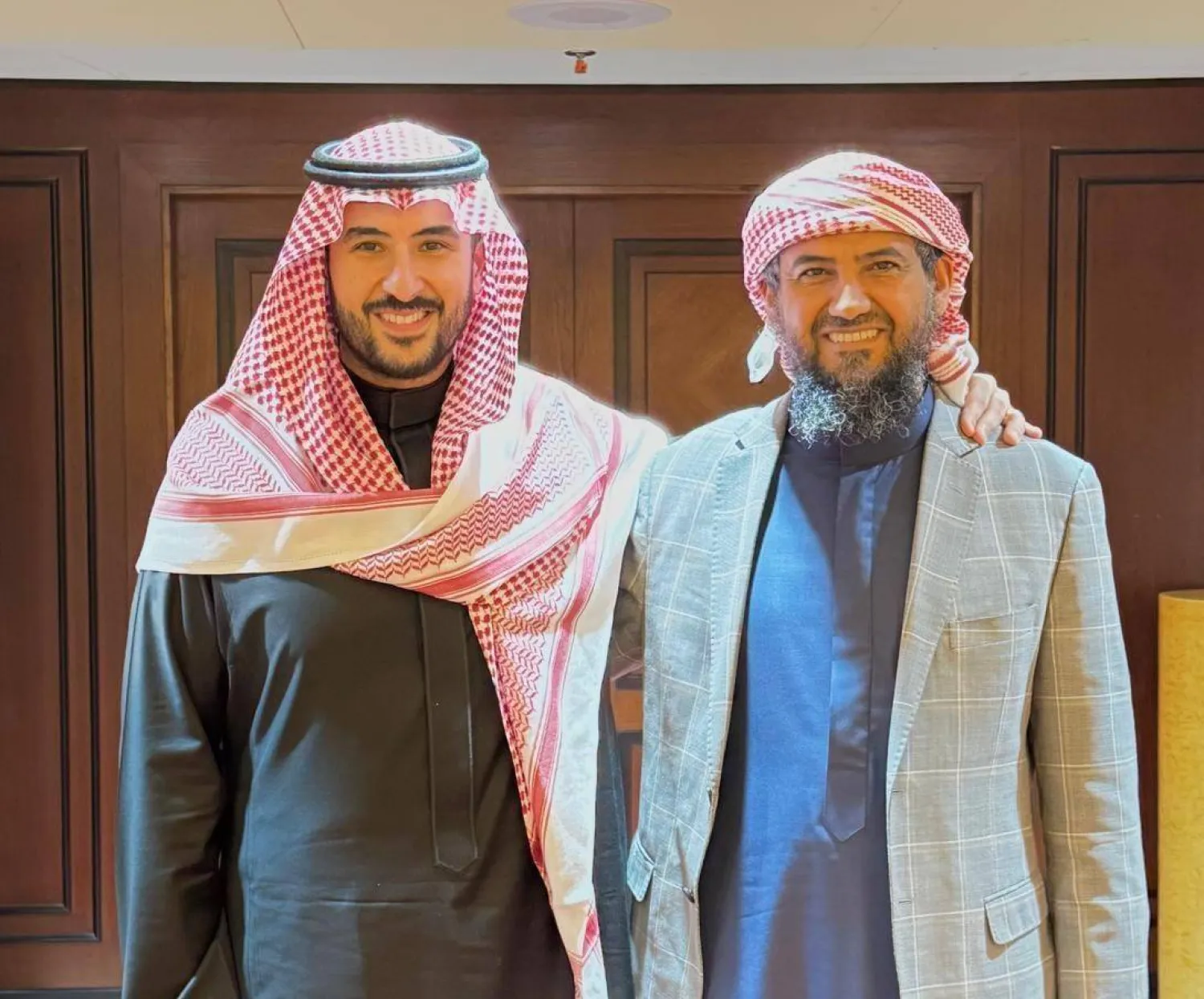Saudi Defense Minister Prince Khalid bin Salman and deputy head of the PLC Abdulrahman Abou Zaraa meet in Riyadh on Monday. (Abou Zaraa on X)