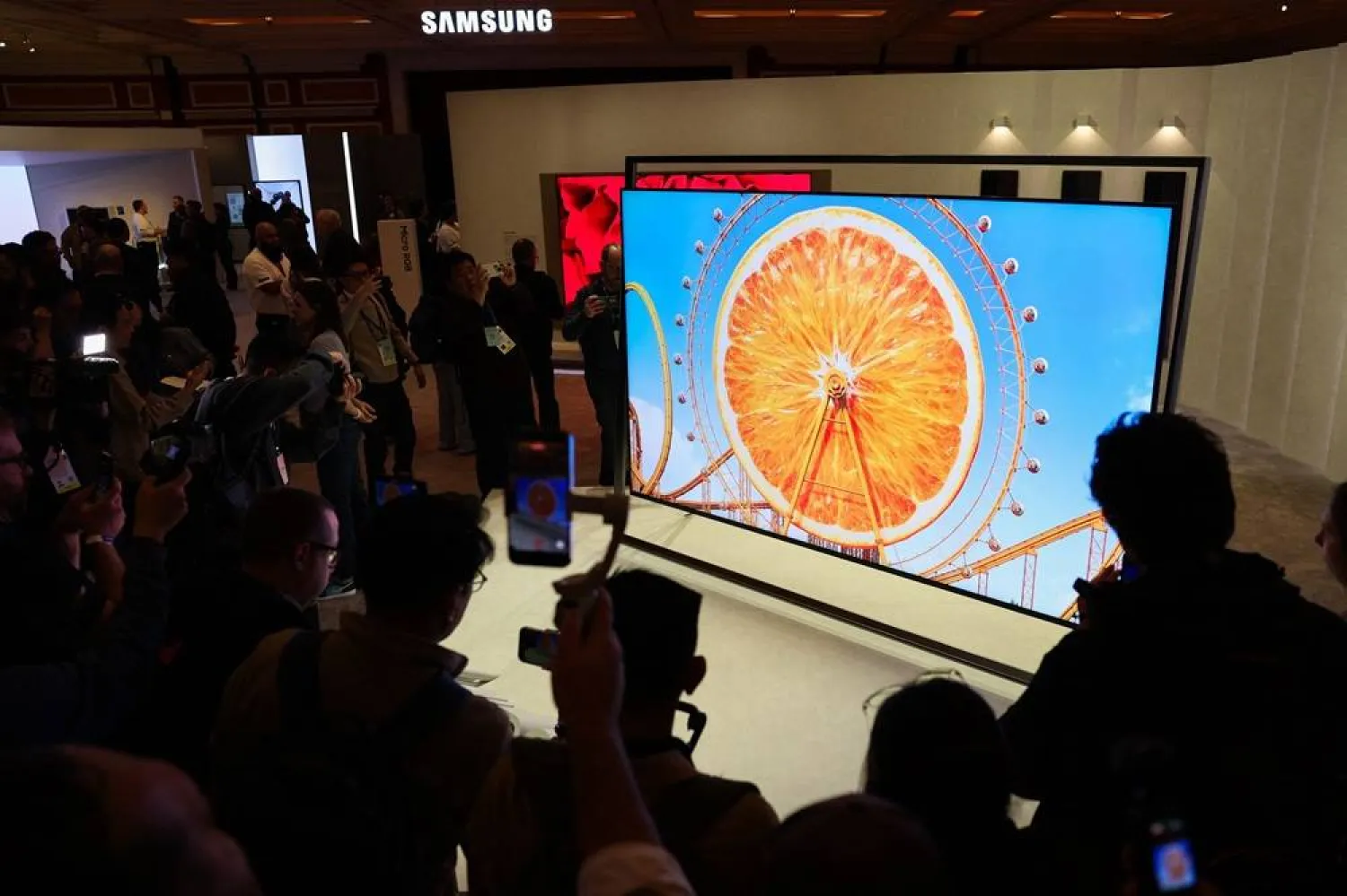 Attendees view the Samsung Micro RGB 130-inch TV after it was unveiled during the Samsung Electronics First Look event ahead of the Consumer Electronics Show (CES) in Las Vegas, Nevada on January 4, 2026. (AFP) 