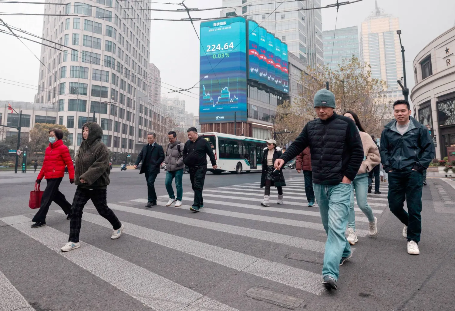 مشاة في أحد الشوارع بالضاحية المالية في مدينة شنغهاي (إ.ب.أ)