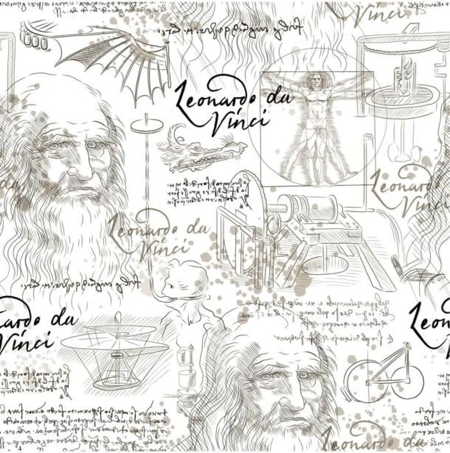 Beige seamless vector background with Leonardo da Vinci sketch drawings (Shutterstock)