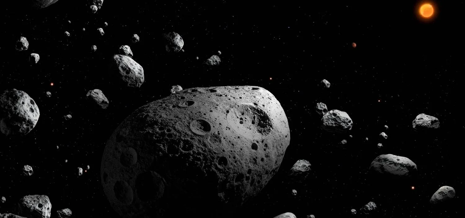 رسم توضيحي للكوكب المُكتشف داخل الحزام الرئيسي للكويكبات مع ظهور الشمس والمشتري في الخلفية (مرصد فيرا روبن)