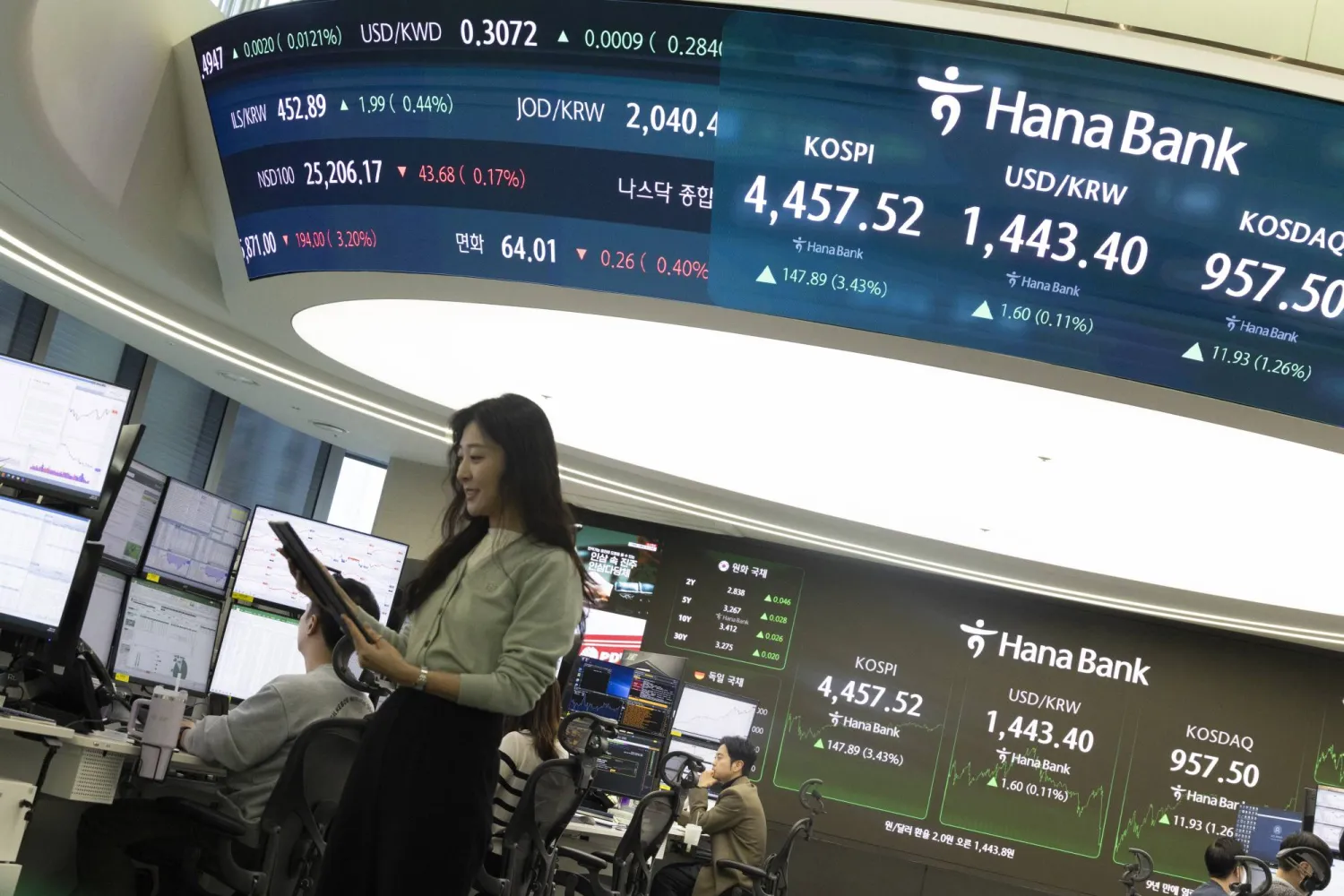 يعمل متداول كوري جنوبي أمام شاشات تعرض مؤشرات الأسهم في بنك «هانا» في سيول (إ.ب.أ)