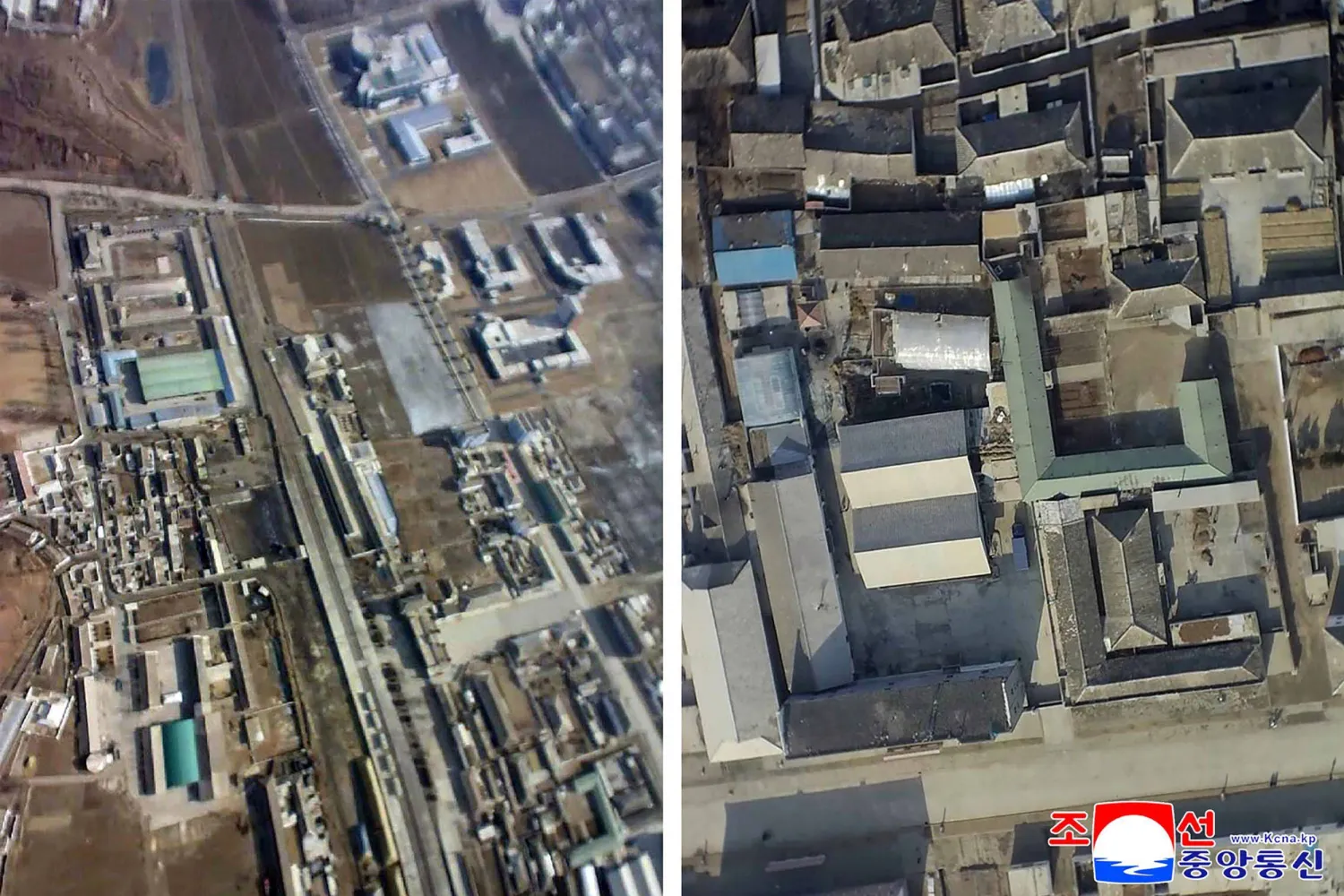 These images taken on January 4, 2026 and released as a combo image by North Korea's official Korean Central News Agency (KCNA) via KNS on January 10, 2026 shows an aerial view of Kaesong city, which North Korea claims is footage taken retrieved from a drone from South Korea that violated North Korean airspace and brought down by specialized electronic warfare assets. (Photo by KCNA VIA KNS / AFP)
