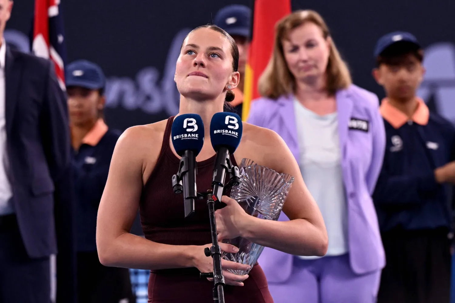 Marta Kostyuk of Ukraine speaks after defeat in the women's singles final against Aryna Sabalenka of Belarus at the Brisbane International tennis tournament in Brisbane on January 11, 2026. (AFP)