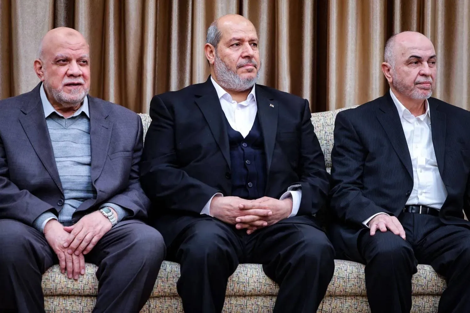(From left) Nizar Awadallah, Khalil al-Hayya and Mohammad Ismail Darwish during a meeting with Iran’s Supreme Leader Ali Khamenei last February 2025. (Khamenei's website/AFP)