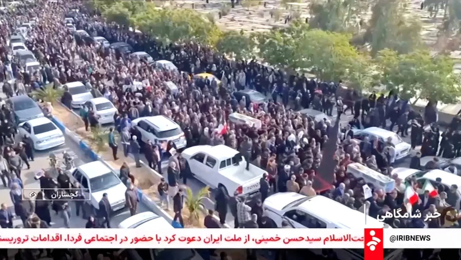 Mourners carry coffins during a funeral procession for members of security forces and civilians said to be killed in protests on Sunday, amid evolving anti-government unrest, in Tehran, Iran, in this screengrab from a video released on January 11, 2026.  IRIB/Handout via REUTERS