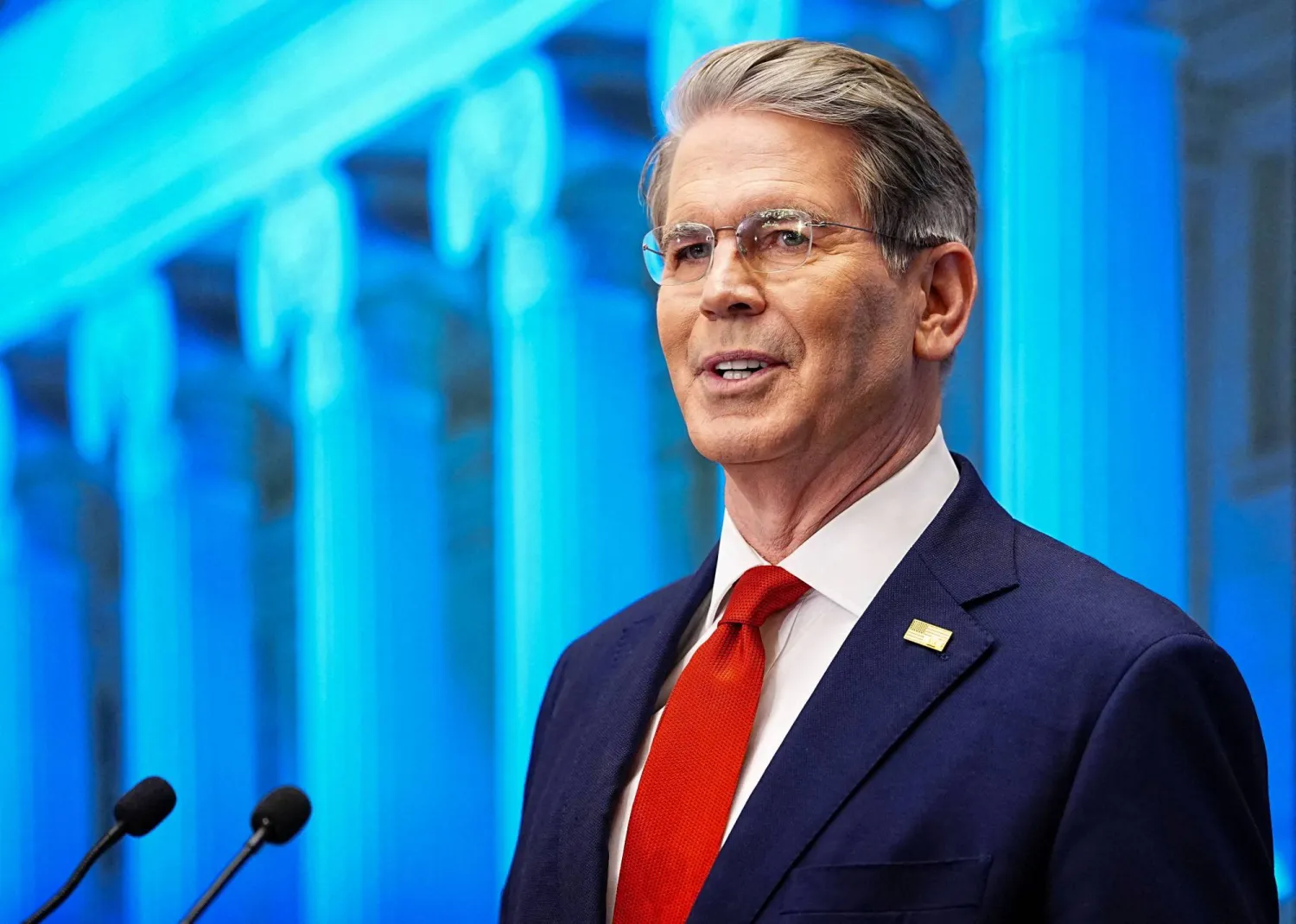 بيسنت يتحدث خلال مؤتمر صحافي للكشف عن الموقع الإلكتروني الرسمي لحسابات ترمب في وزارة الخزانة (أرشيفية - رويترز)