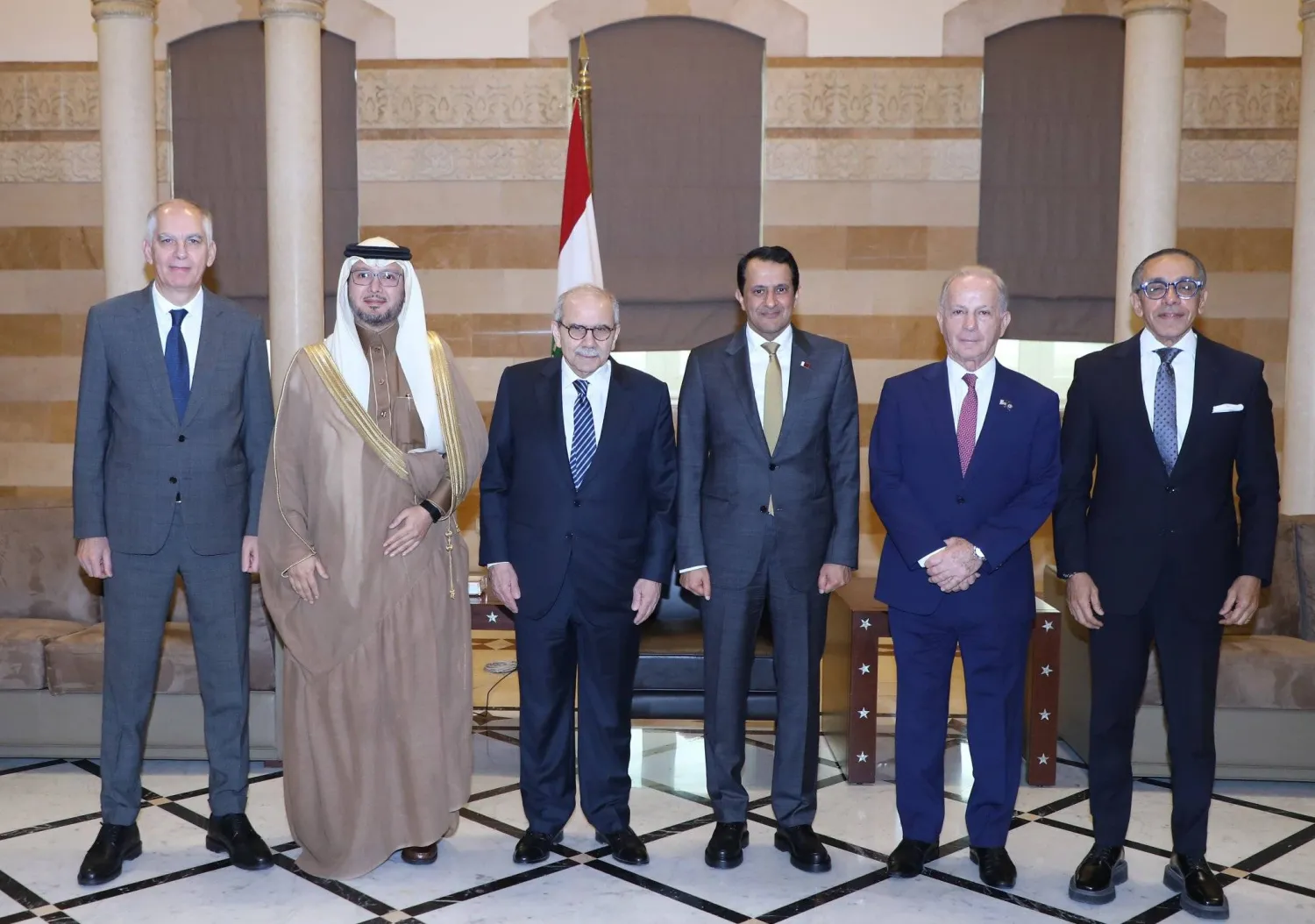 Lebanese Prime Minister Nawaf Salam and ambassadors of the quintet countries meet at the Grand Serail in Beirut. (Lebanese government's press office)