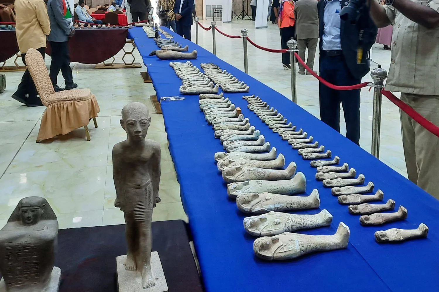 Artifacts that were recovered after being looted from the National Museum in Khartoum during the country's long-running war, are displayed during an official ceremony in Port Sudan on January 13, 2026. (AFP)