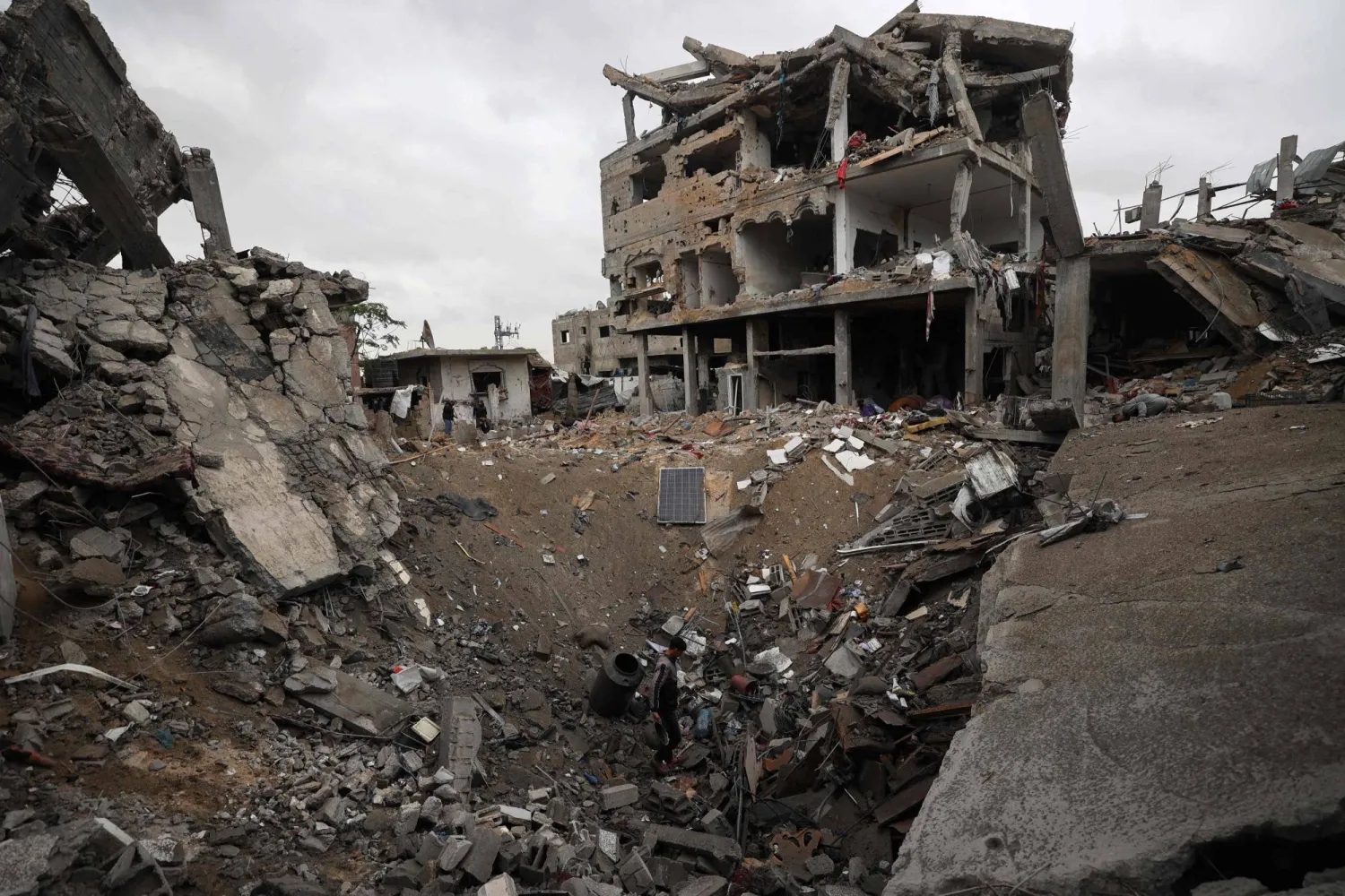 A general view shows destruction in the Bureij camp in the central Gaza Strip on January 9, 2026 following Israeli attacks. Gaza's civil defense agency said Israeli attacks in the Palestinian territory killed at least 13 people, including five children, despite a ceasefire that has largely halted the fighting. (AFP)